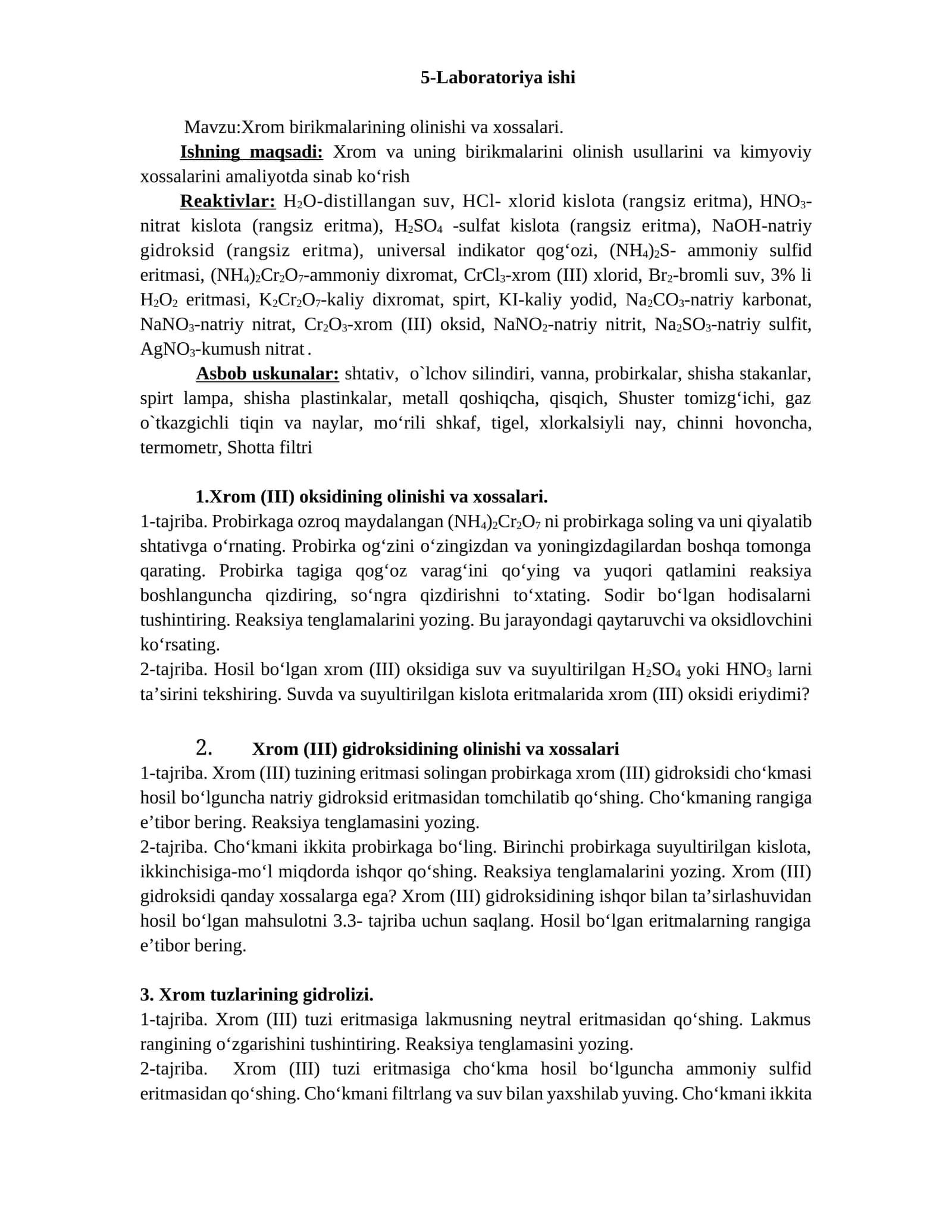 Xrom (III) oksidining olinishi va xossalari