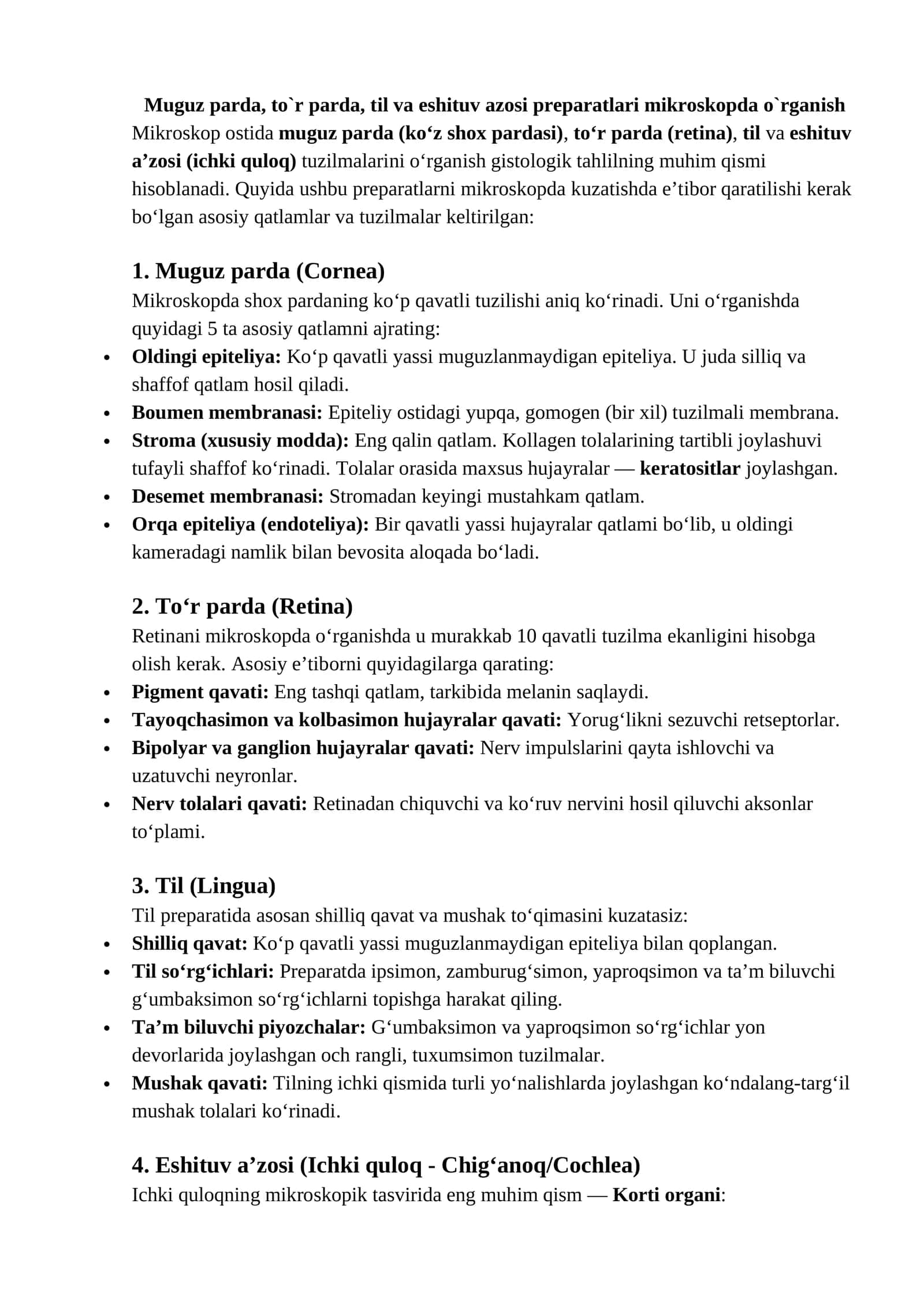 Muguz parda, to`r parda, til va eshituv azosi preparatlari mikroskopda o`rganish