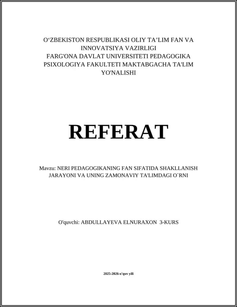 Neri Pedagogikaning Fan Sifatida Shakllanishi