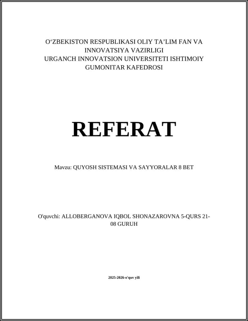 QUYOSH SISTEMASI VA SAYYORALAR 8 BET