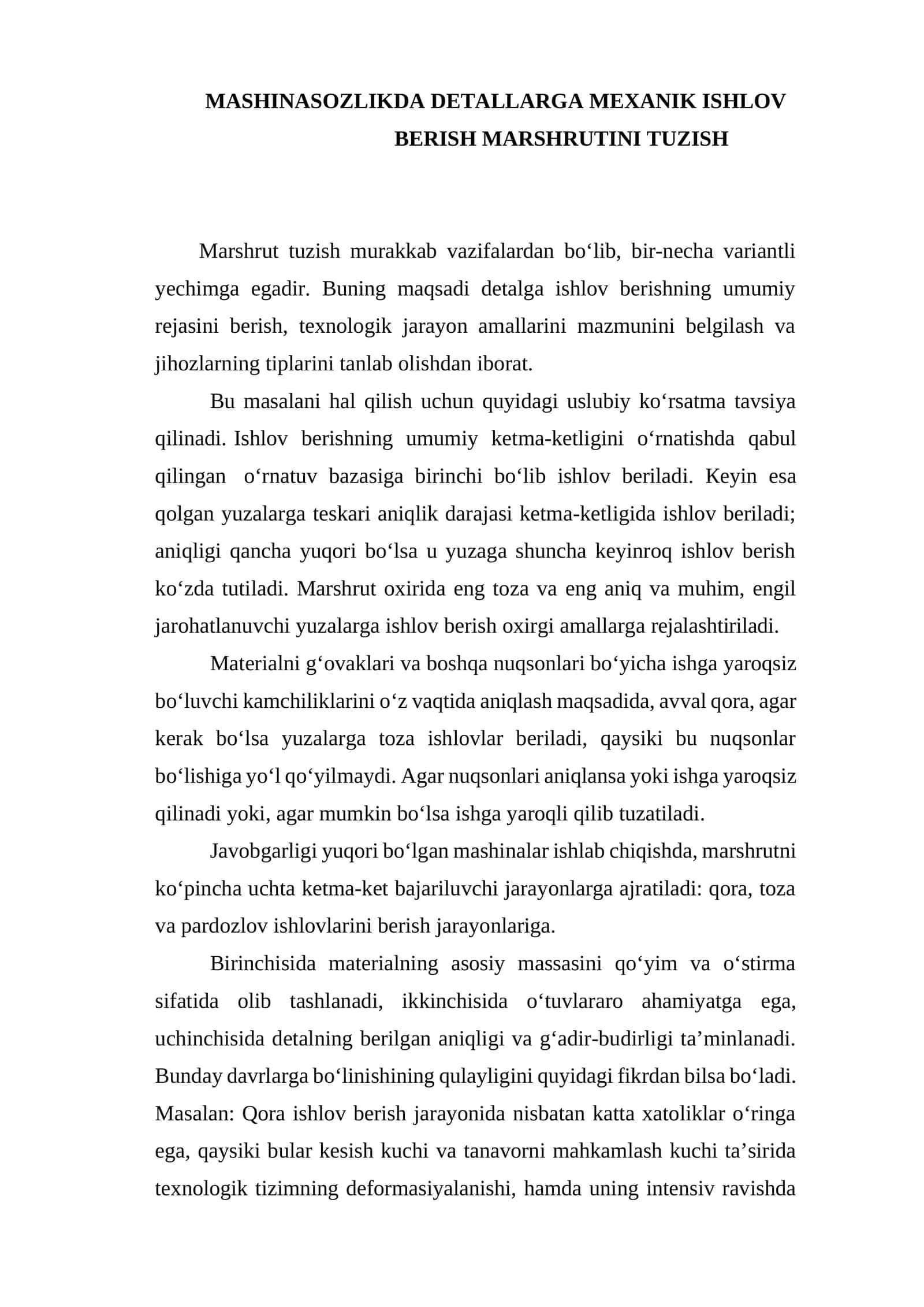 Mashinasozlikda Detallarga Mexanik Ishlov Berish Marshrutini Tuzish