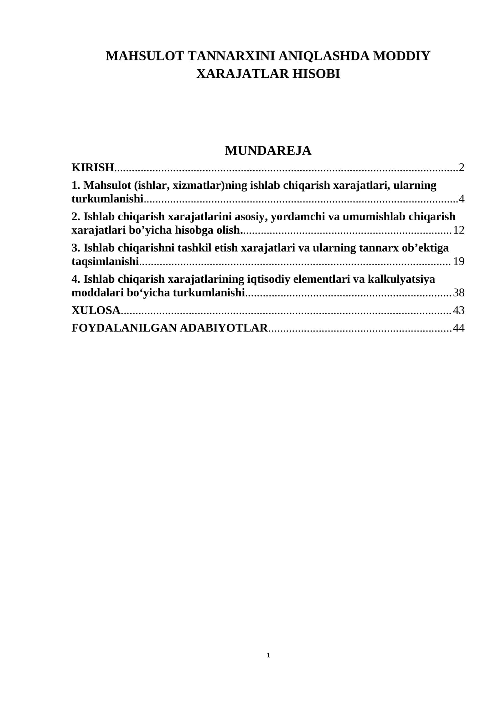 MAHSULOT TANNARXINI ANIQLASHDA MODDIY XARAJATLAR HISOBI mavzusi bo'yicha kurs ishi