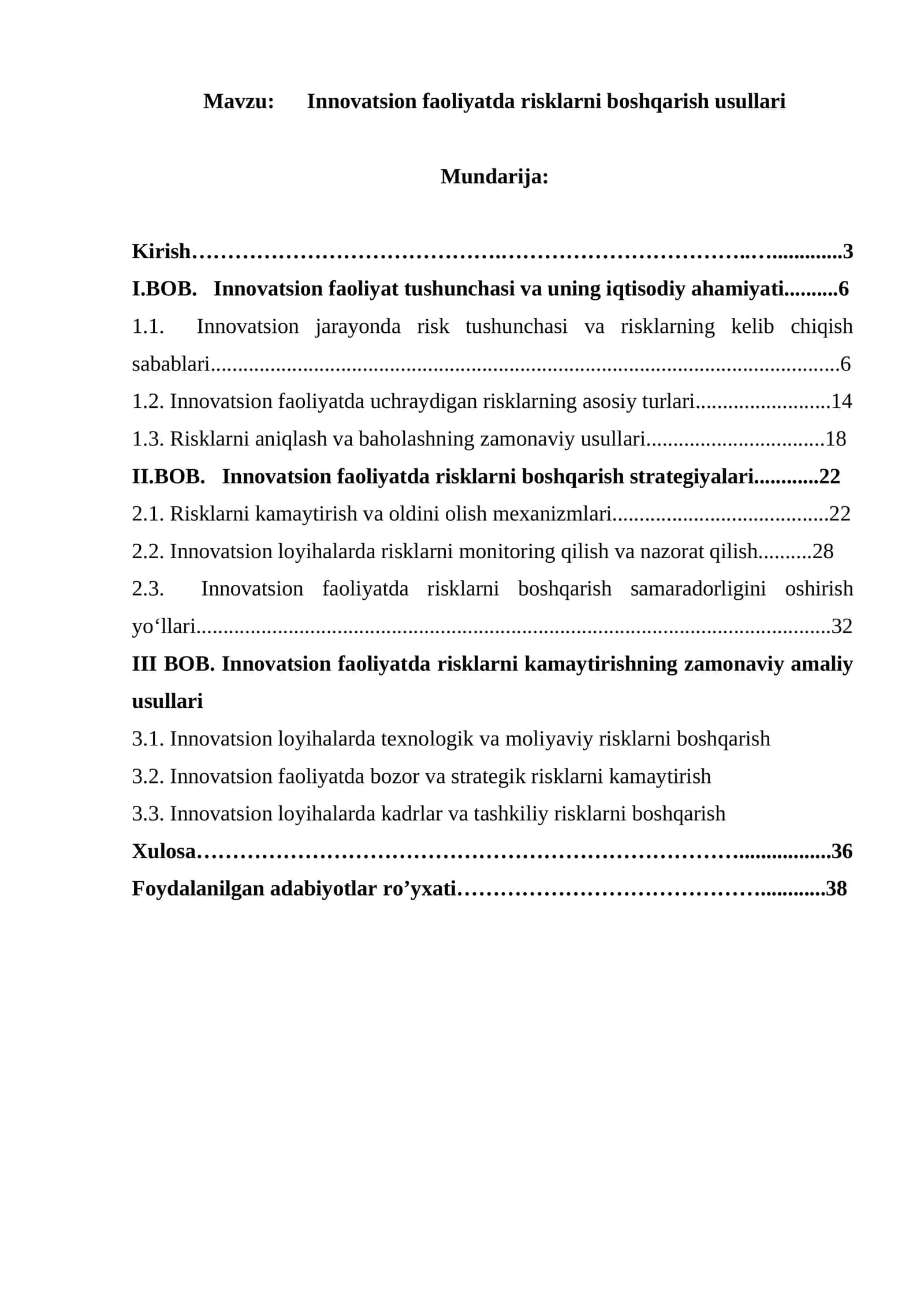 Innovatsion faoliyatda risklarni boshqarish usullari