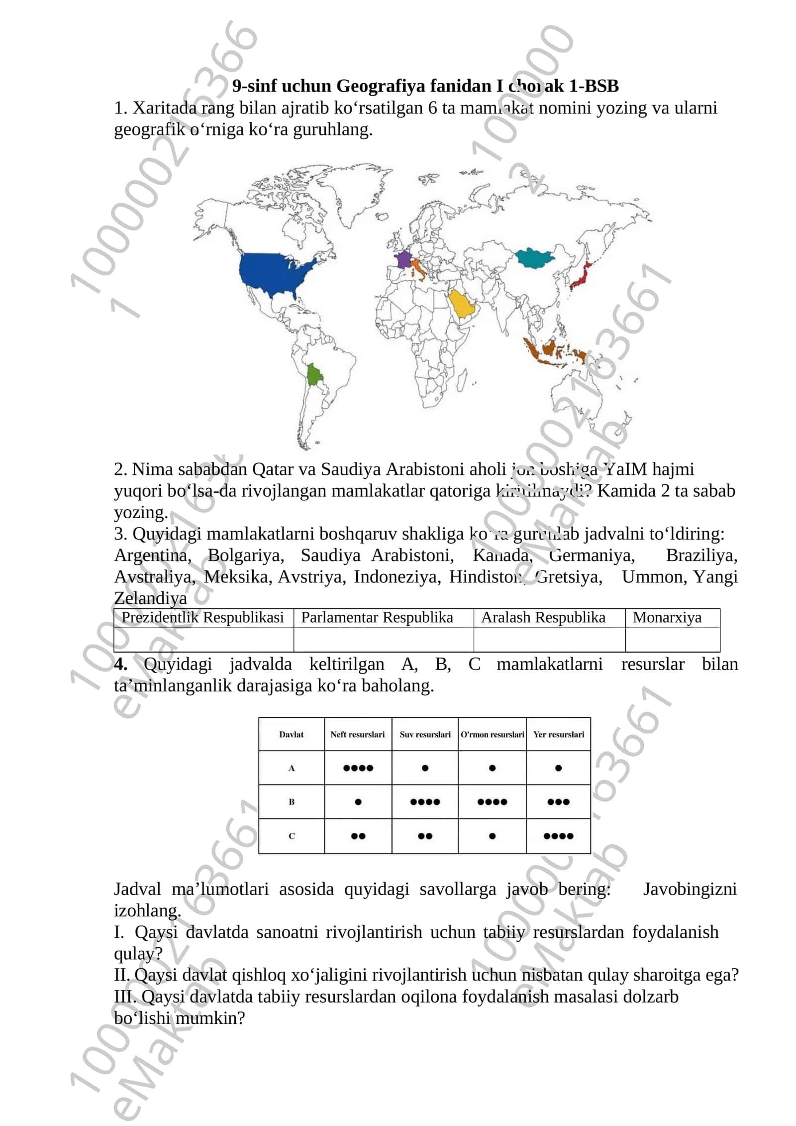 9-sinf uchun Geografiya fanidan I chorak 1-BSB