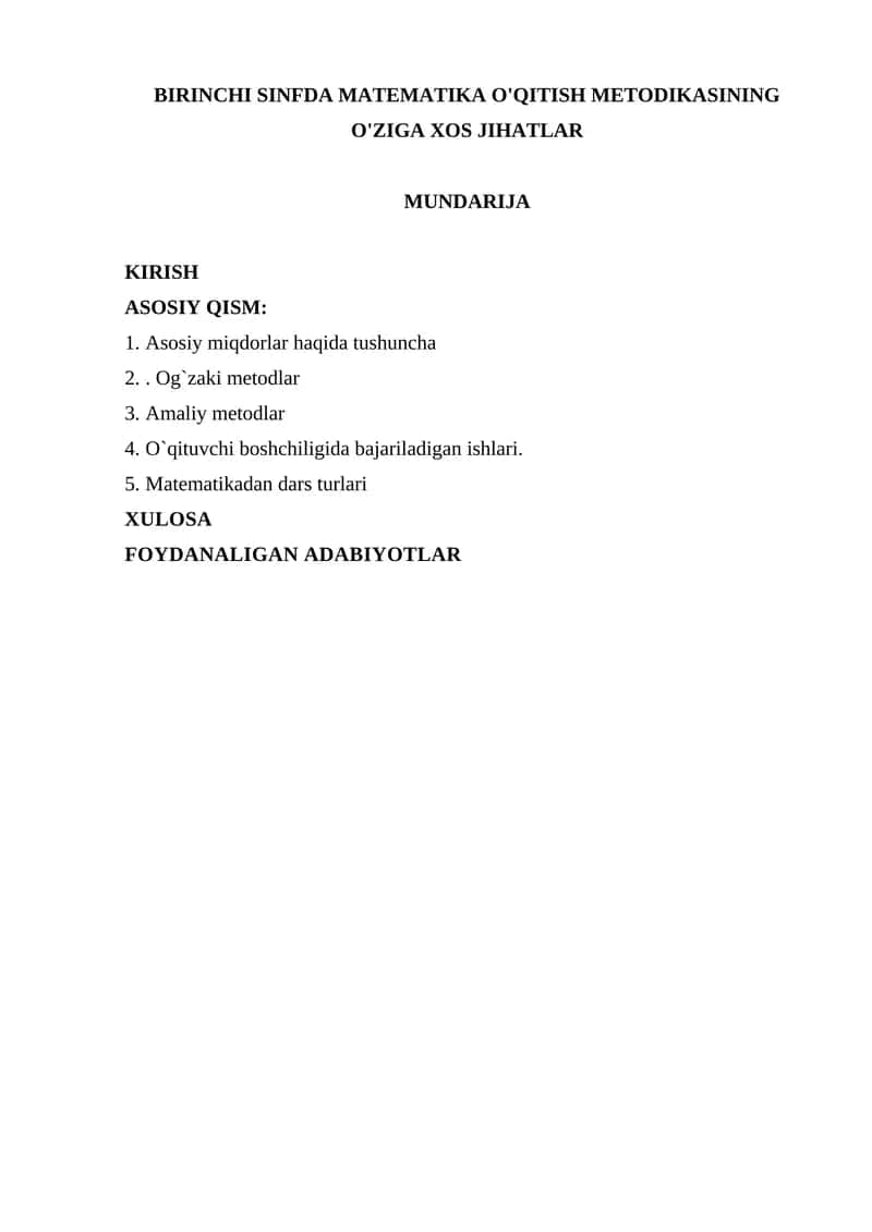 BIRINCHI SINFDA MATEMATIKA O'QITISH METODIKASI