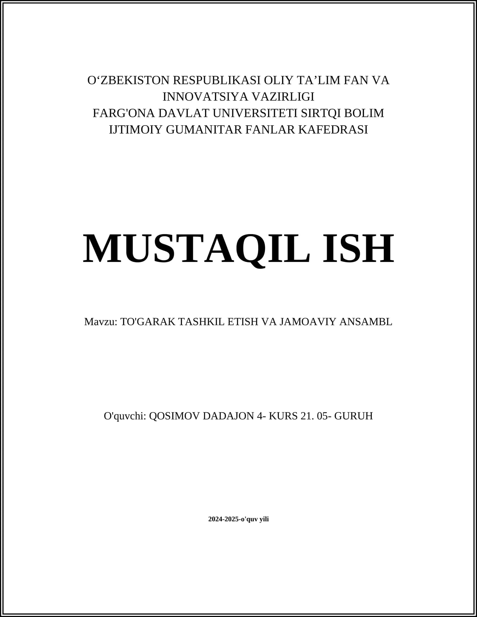 TO'GARAK TASHKIL ETISH VA JAMOAVIY ANSAMBL