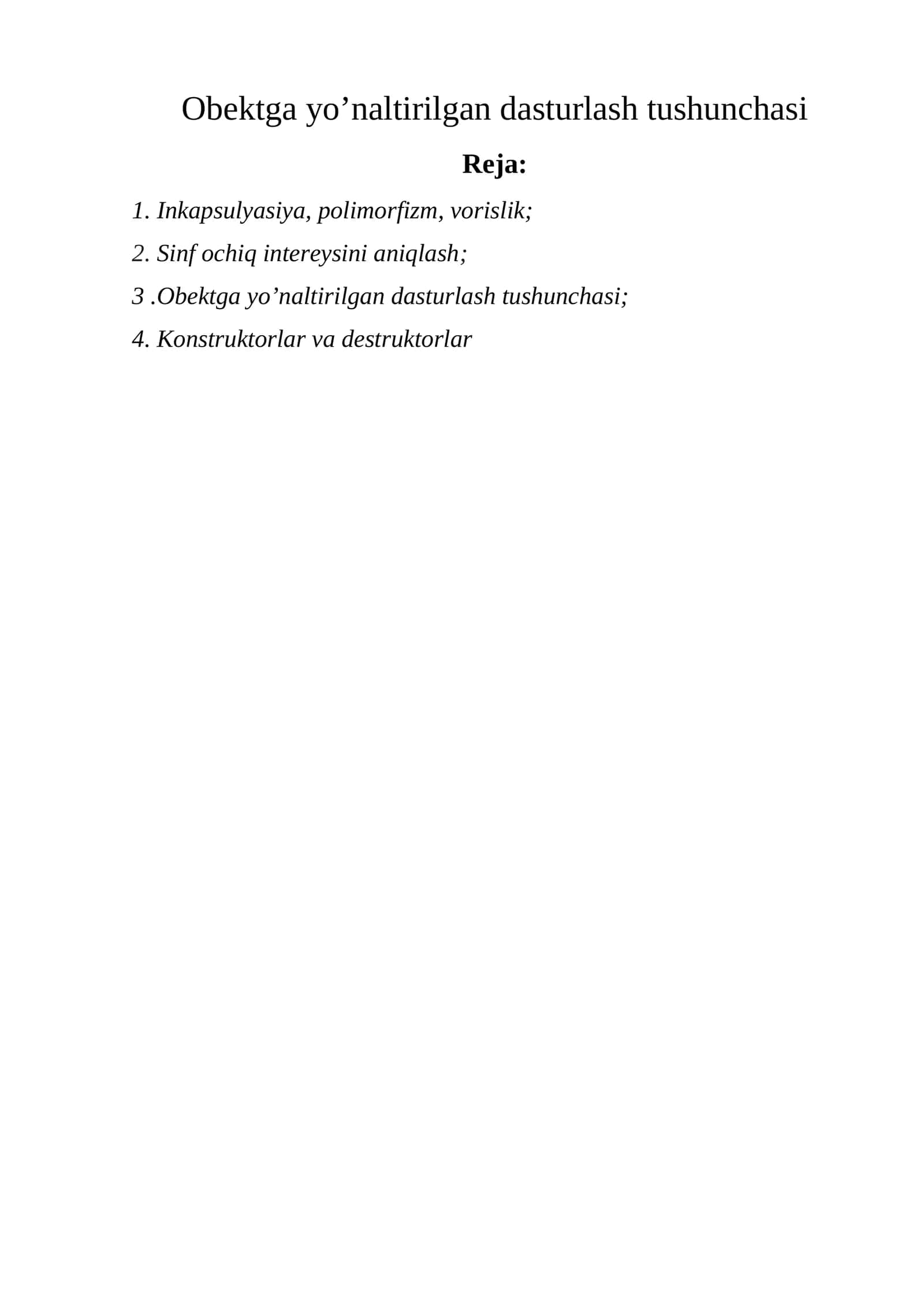 Obektga yo’naltirilgan dasturlash tushunchasi