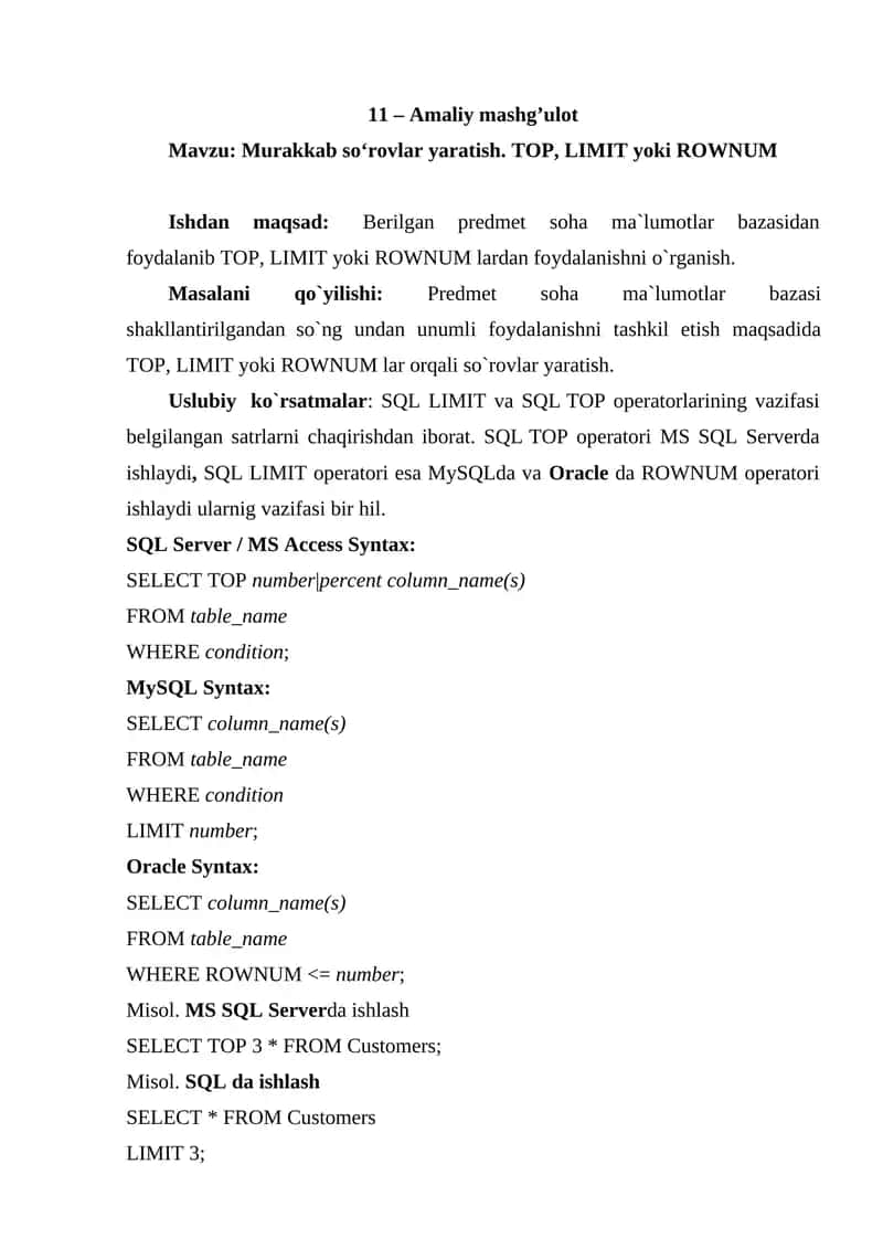 Murakkab so‘rovlar yaratish. TOP, LIMIT yoki ROWNUM