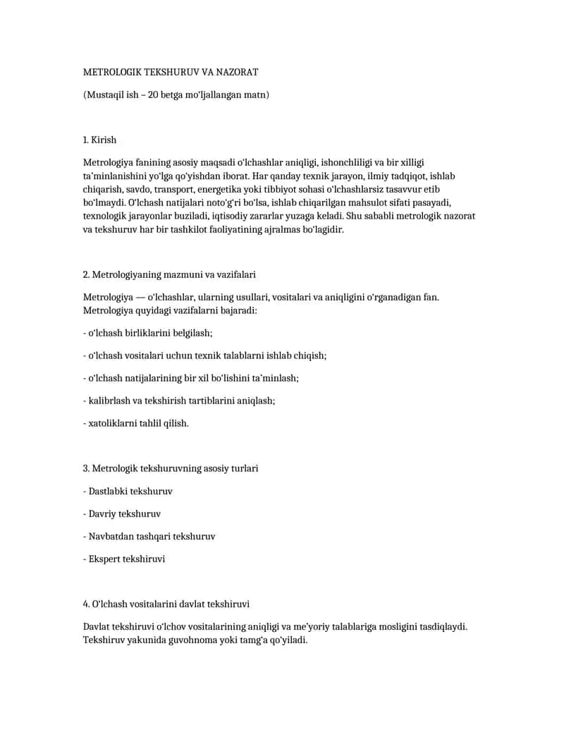 METROLOGIK TEKSHURUV VA NAZORAT