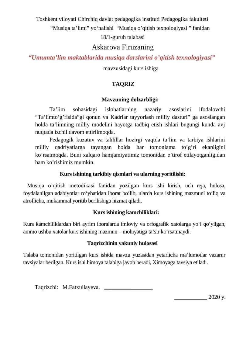Umumta’lim maktablarida musiqa darslarini o’qitish texnologiyasi