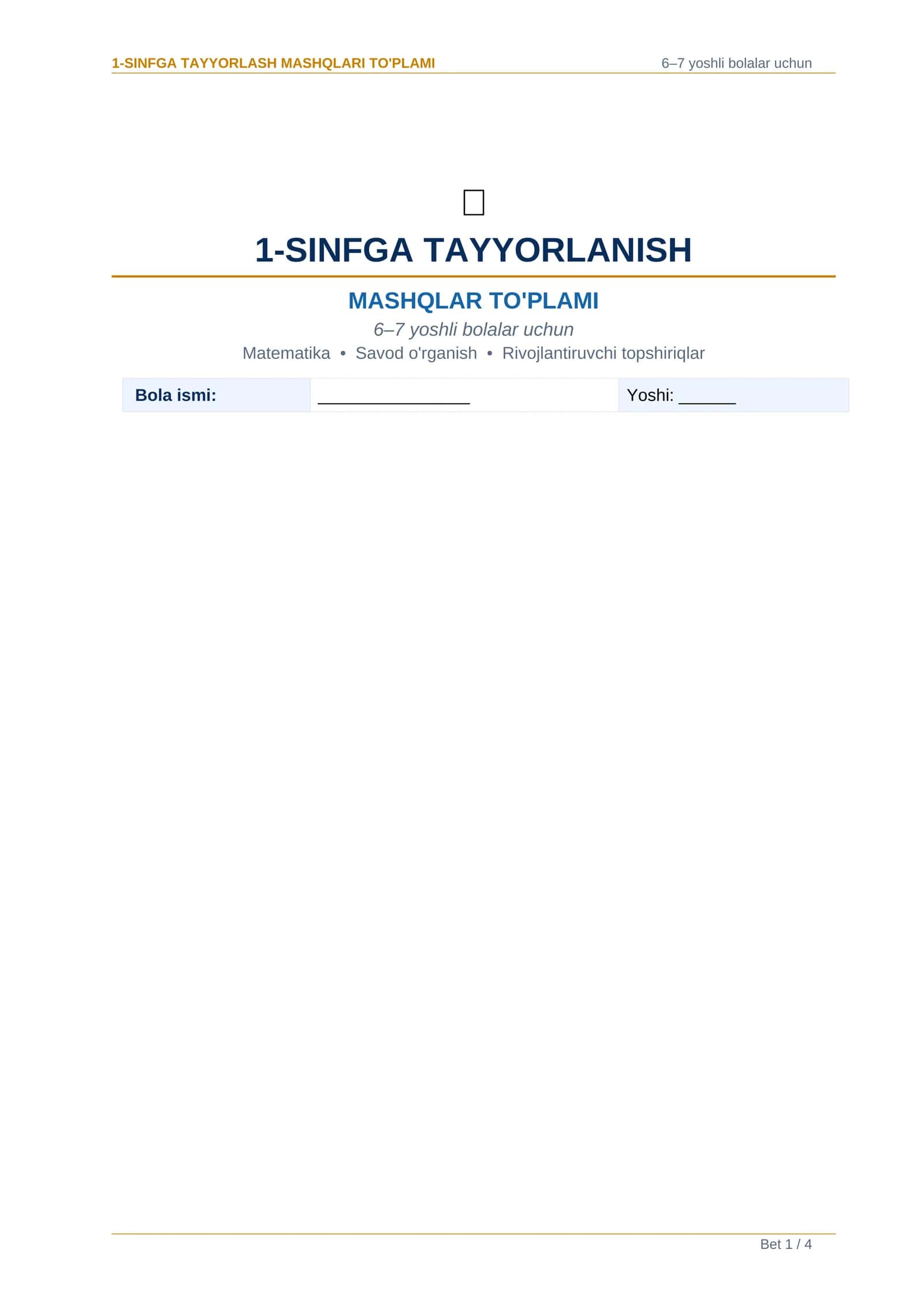1-SINFGA TAYYORLASH MASHQLARI TO'PLAMI