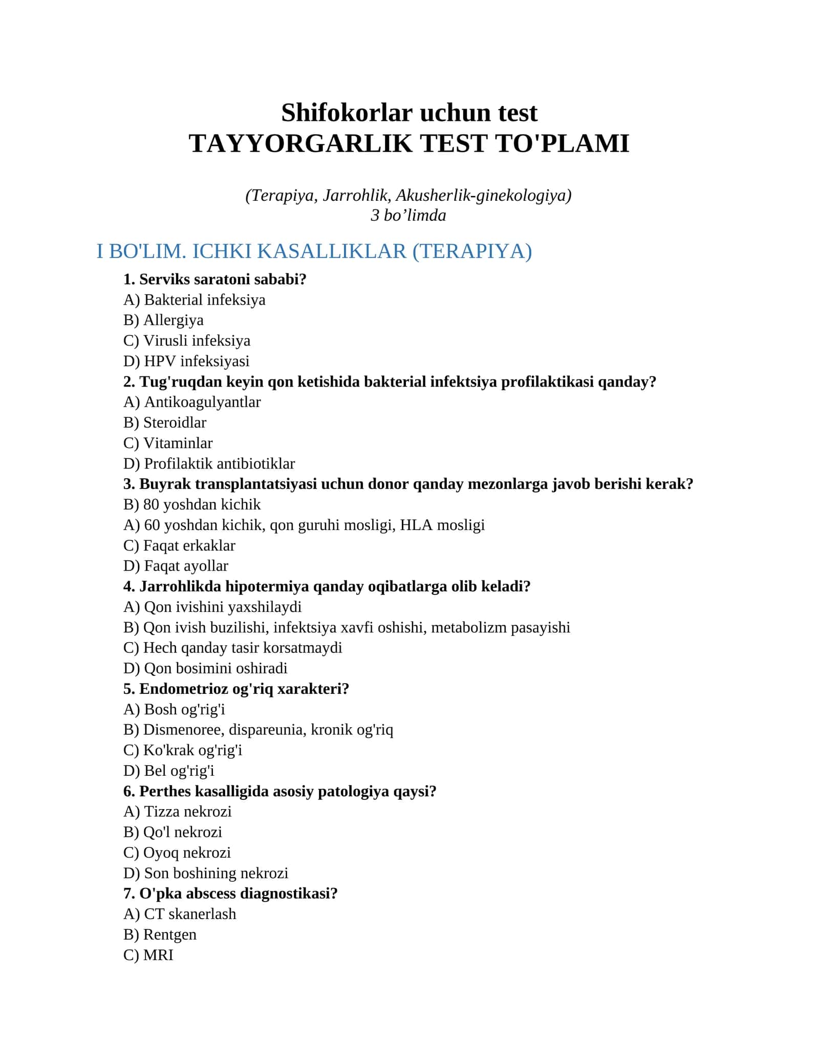 Shifokorlar uchun test