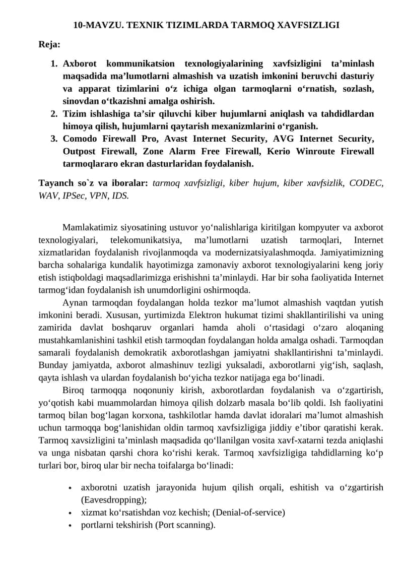TEXNIK TIZIMLARDA TARMOQ XAVFSIZLIGI