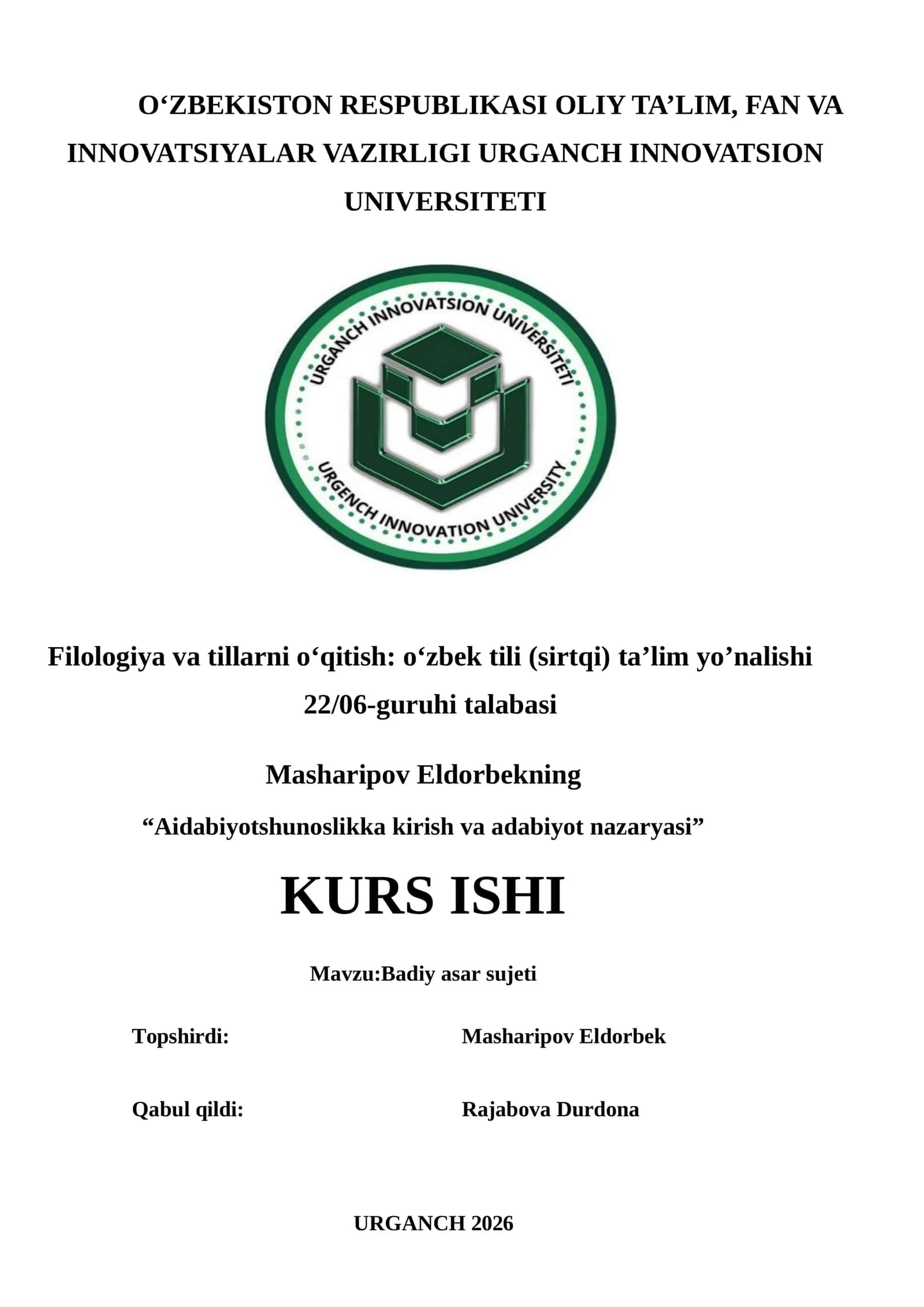 Aidabiyotshunoslikka kirish va adabiyot nazaryasi