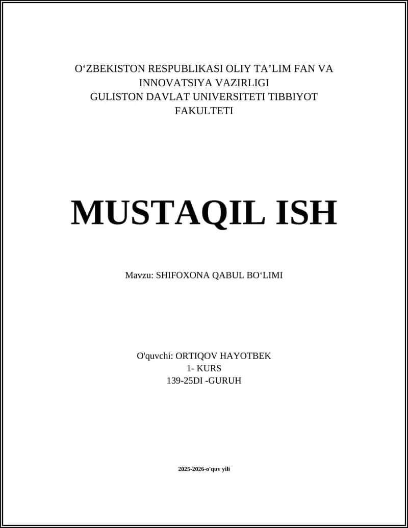 SHIFOXONA QABUL BOʻLIMI
