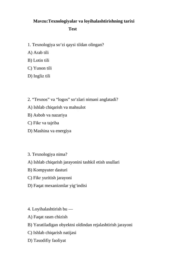 Texnologiyalar va loyihalashtirishning tarixi