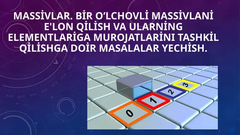MASSİVLAR. BİR O‘LCHOVLİ MASSİVLAnİ E'LON QİLİSH VA ULARNİNG ELEMENTLARİGA MUROJATLArİni TASHKİL QİLİSHGA DOİR MASALALAR YECHİSH