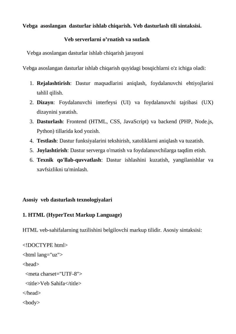 HTML, CSS, JavaScript Dasturlash