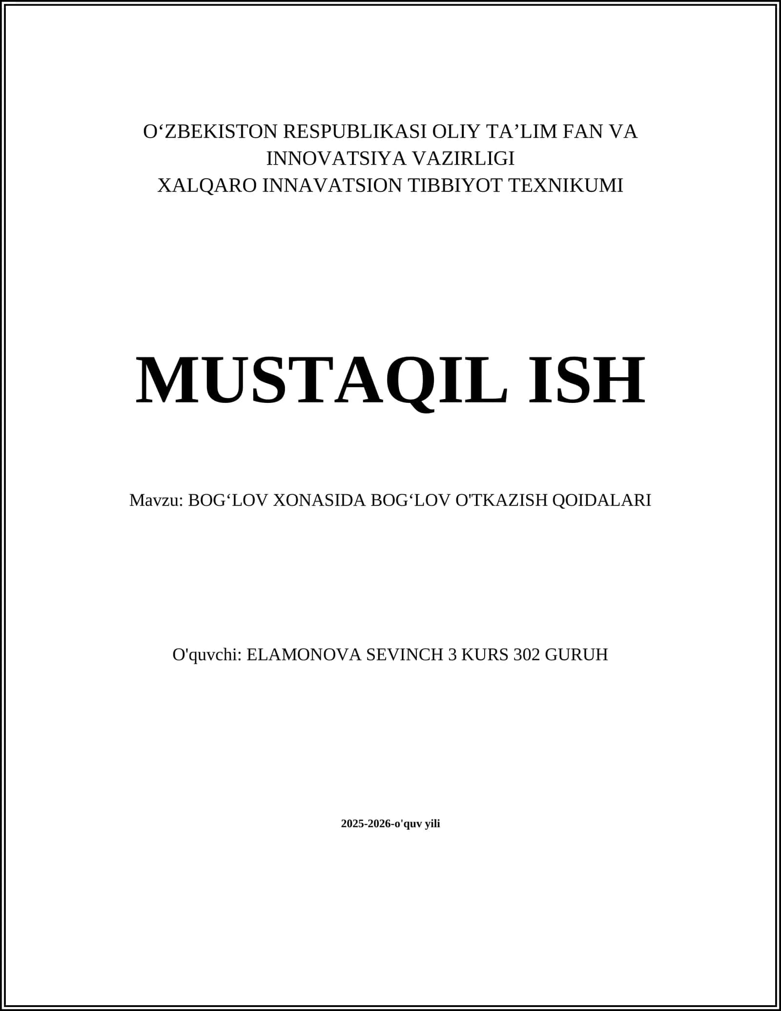 BOG‘LOV XONASIDA BOG‘LOV O'TKAZISH QOIDALARI