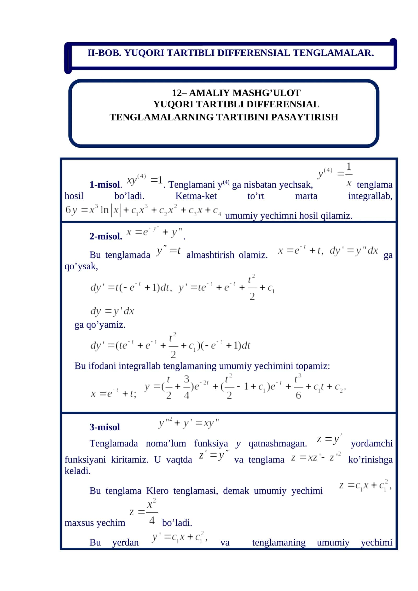 YUQORI TARTIBLI DIFFERENSIAL TENGLAMALARNING TARTIBINI PASAYTIRISH