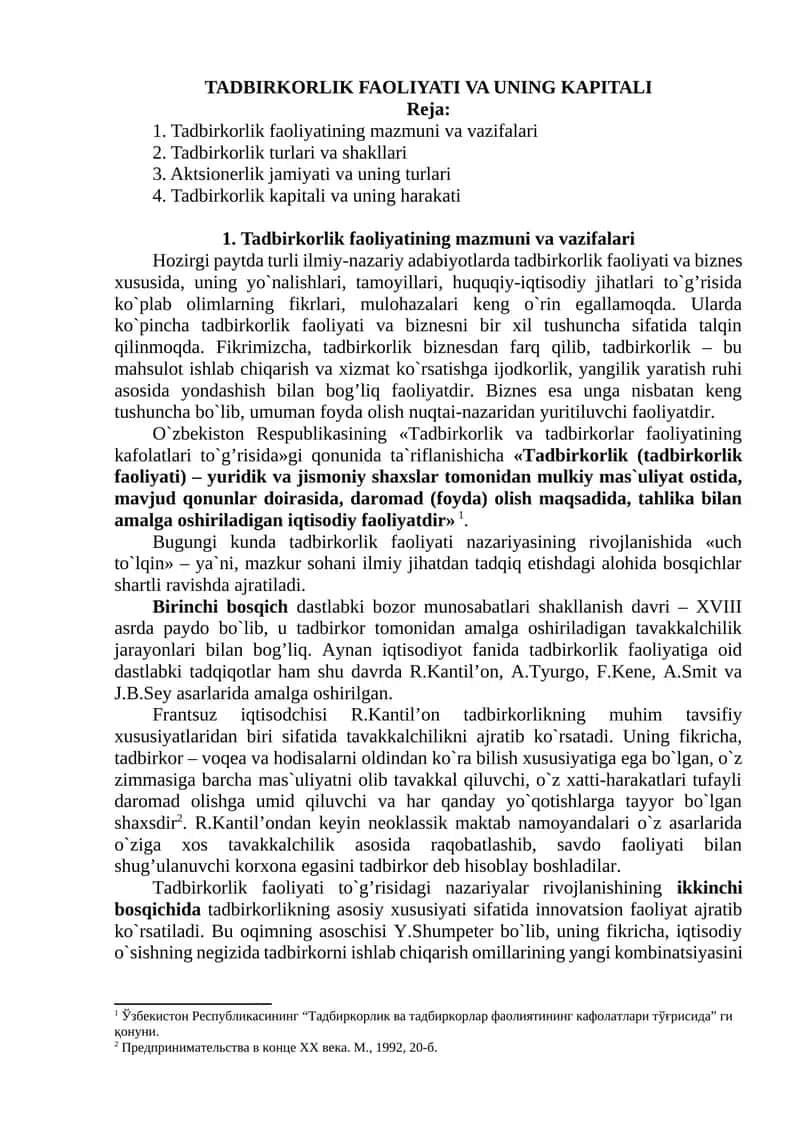 Tadbirkorlik faoliyati va uning kapitali