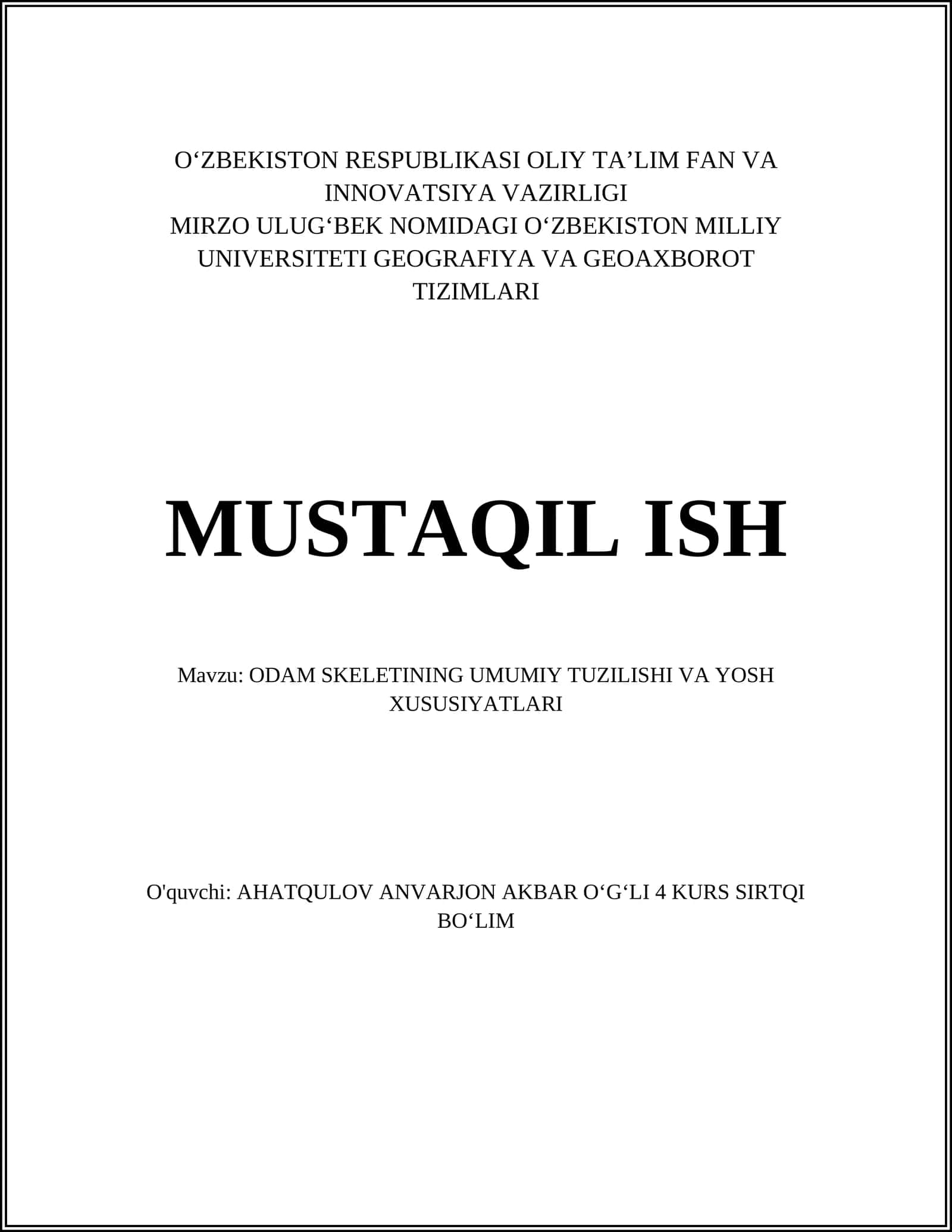 Odam Skeletining Umumiy Tuzilishi va Yosh Xususiyatlari