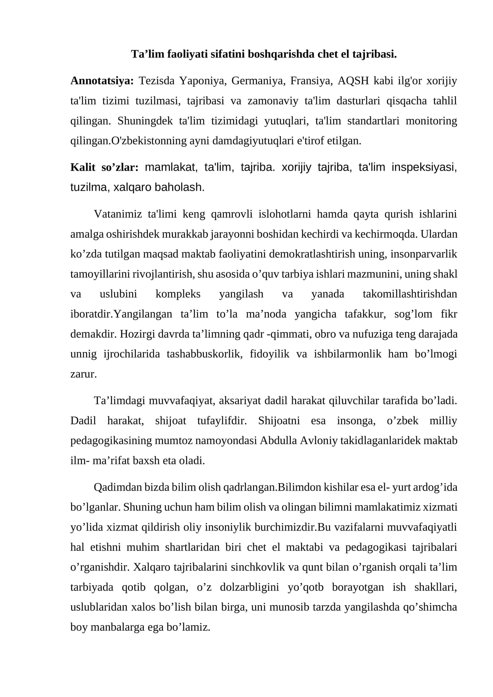 Ta’lim faoliyati sifatini boshqarishda chet el tajribasi