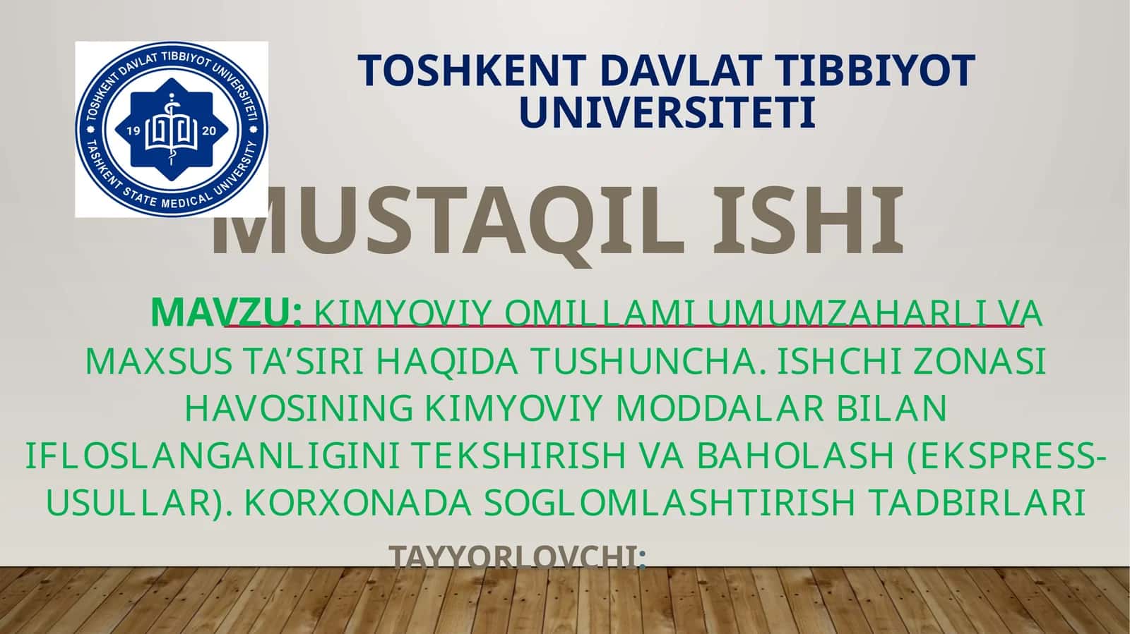 Kimyoviy omillami umumzaharli va maxsus ta’siri haqida tushuncha. Ishchi zonasi havosining kimyoviy moddalar bilan ifloslanganligini tekshirish va baholash (ekspress-usullar). Korxonada sogLomlashtirish tadbirlari