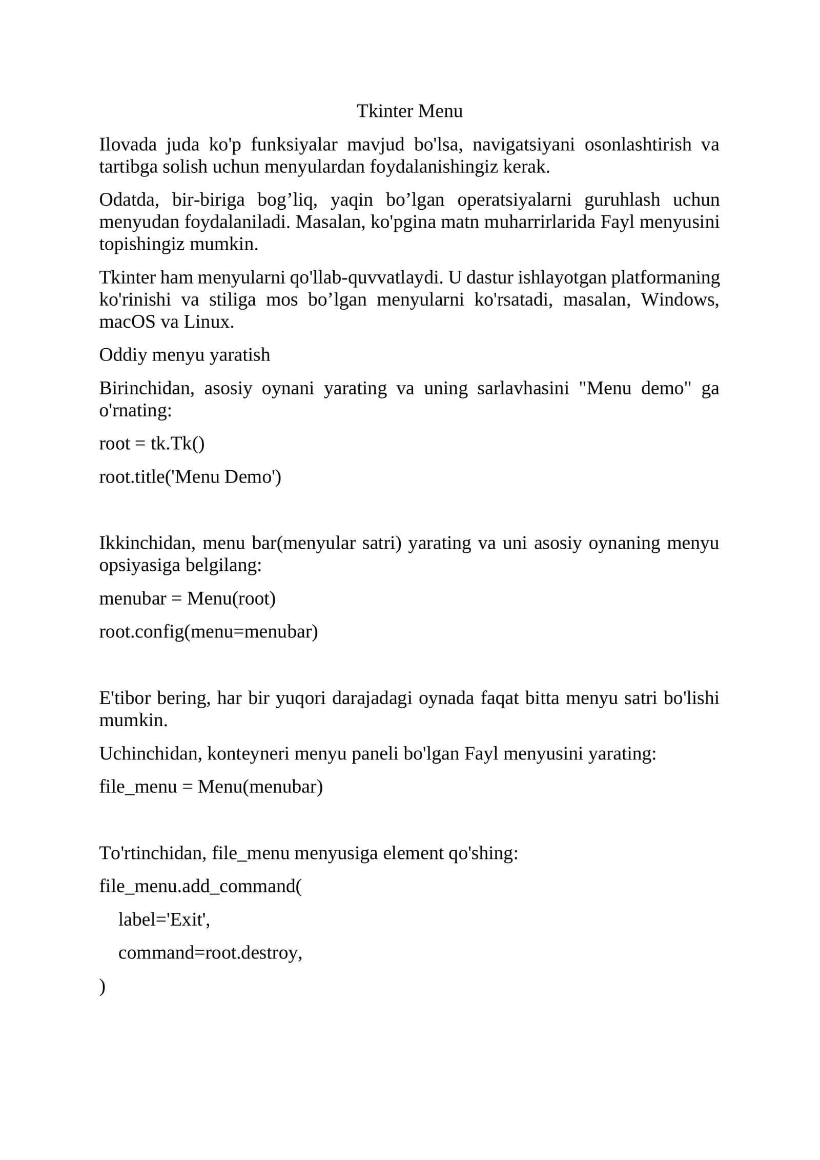 Tkinter Menu