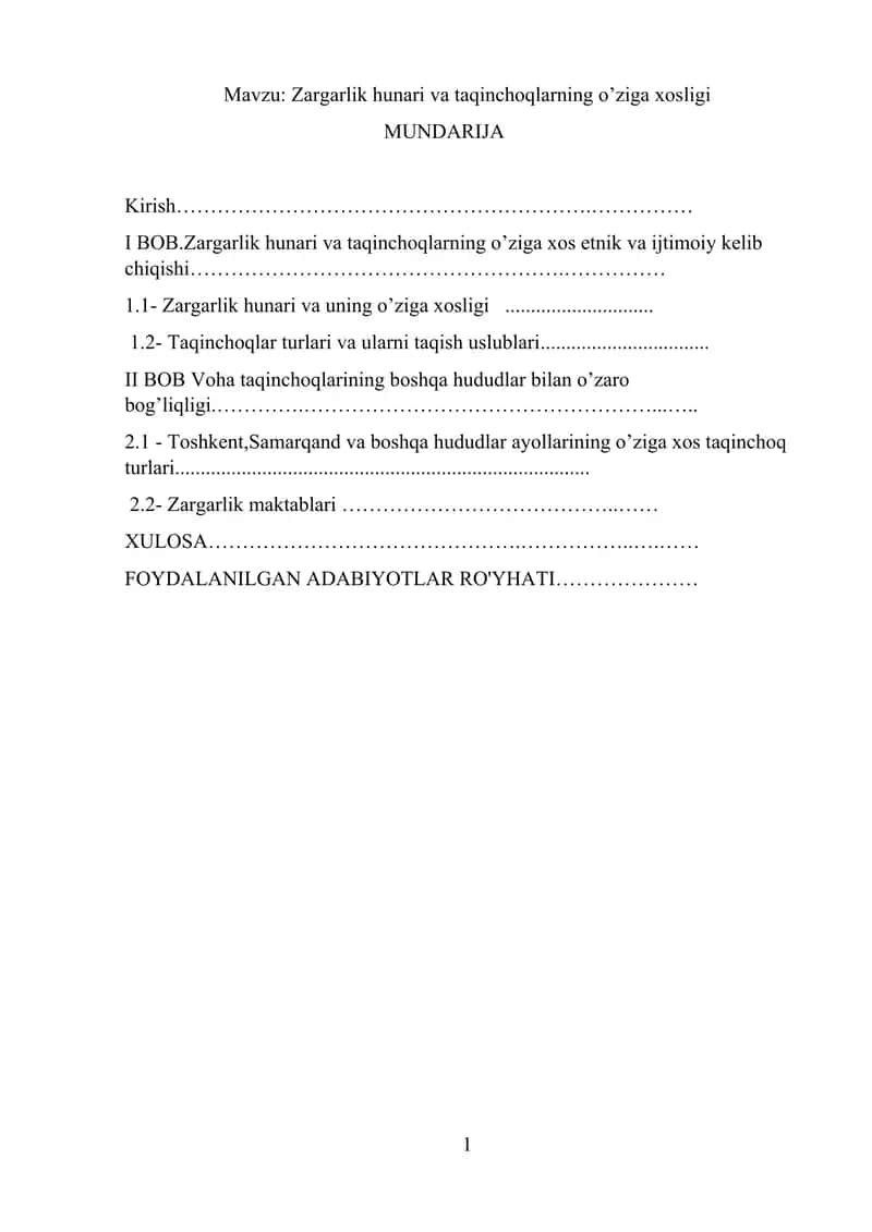 Zargarlik hunari va taqinchoqlarning o’ziga xosligi