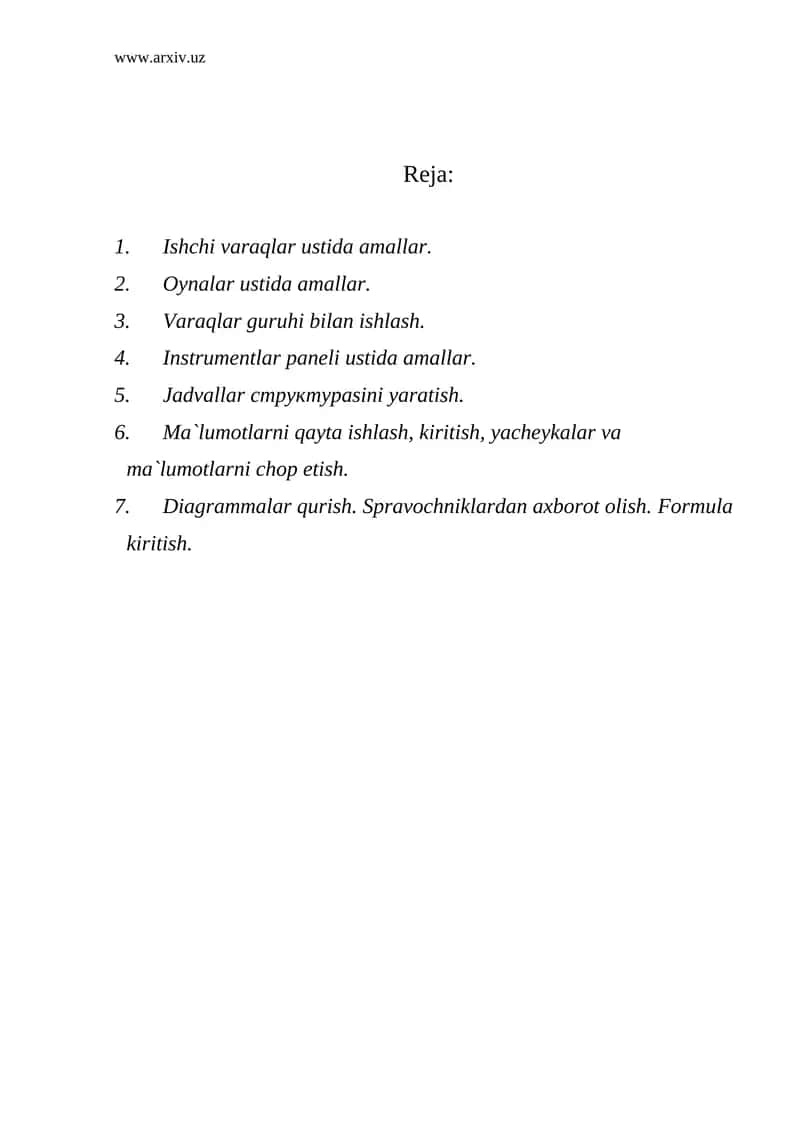 MICROSOFT EXCEL programmasi MS WINDOWS muhitida elektron jadvallar yaratish