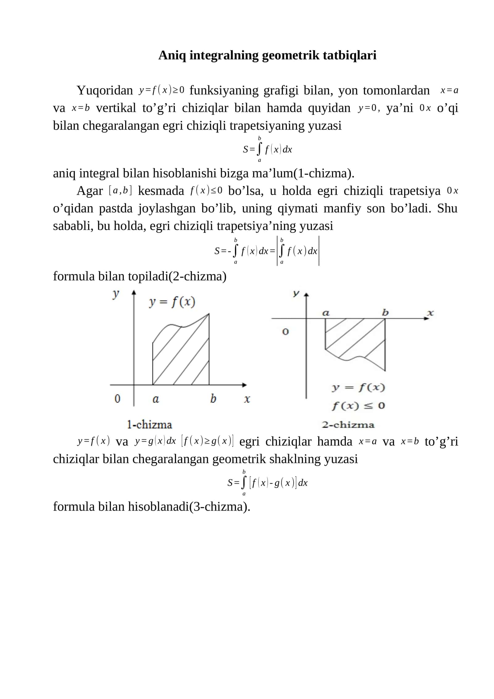 Aniq integralning geometrik tatbiqlari