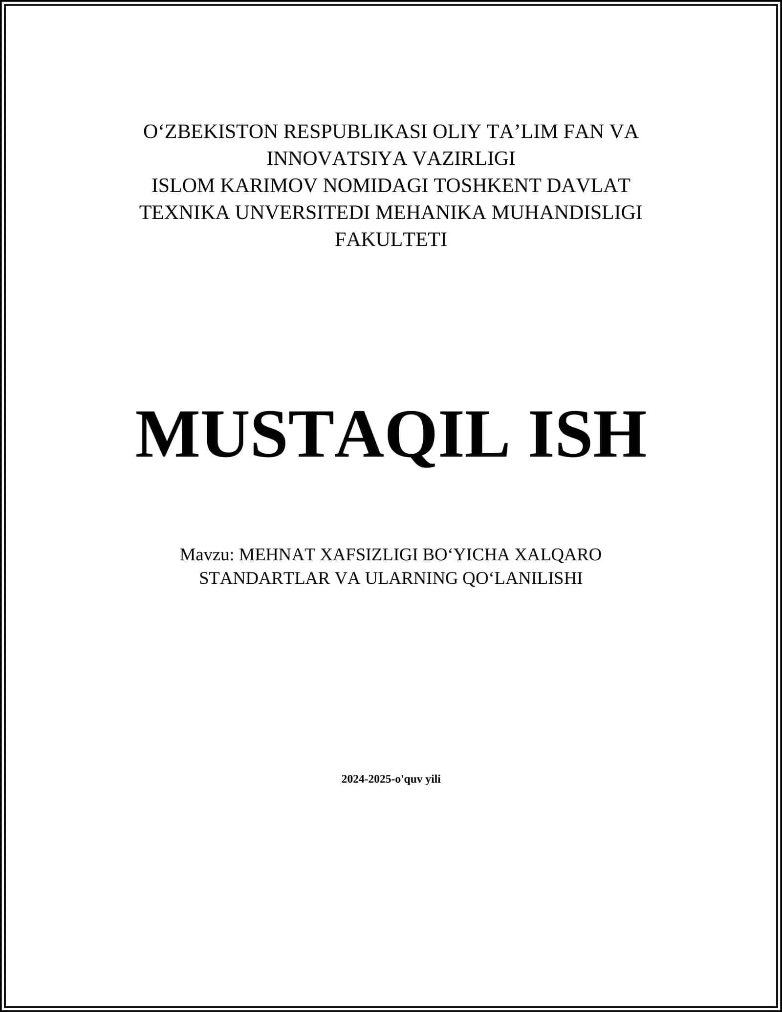 MEHNAT XAFSIZLIGI BOʻYICHA XALQARO STANDARTLAR VA ULARNING QOʻLANILISHI