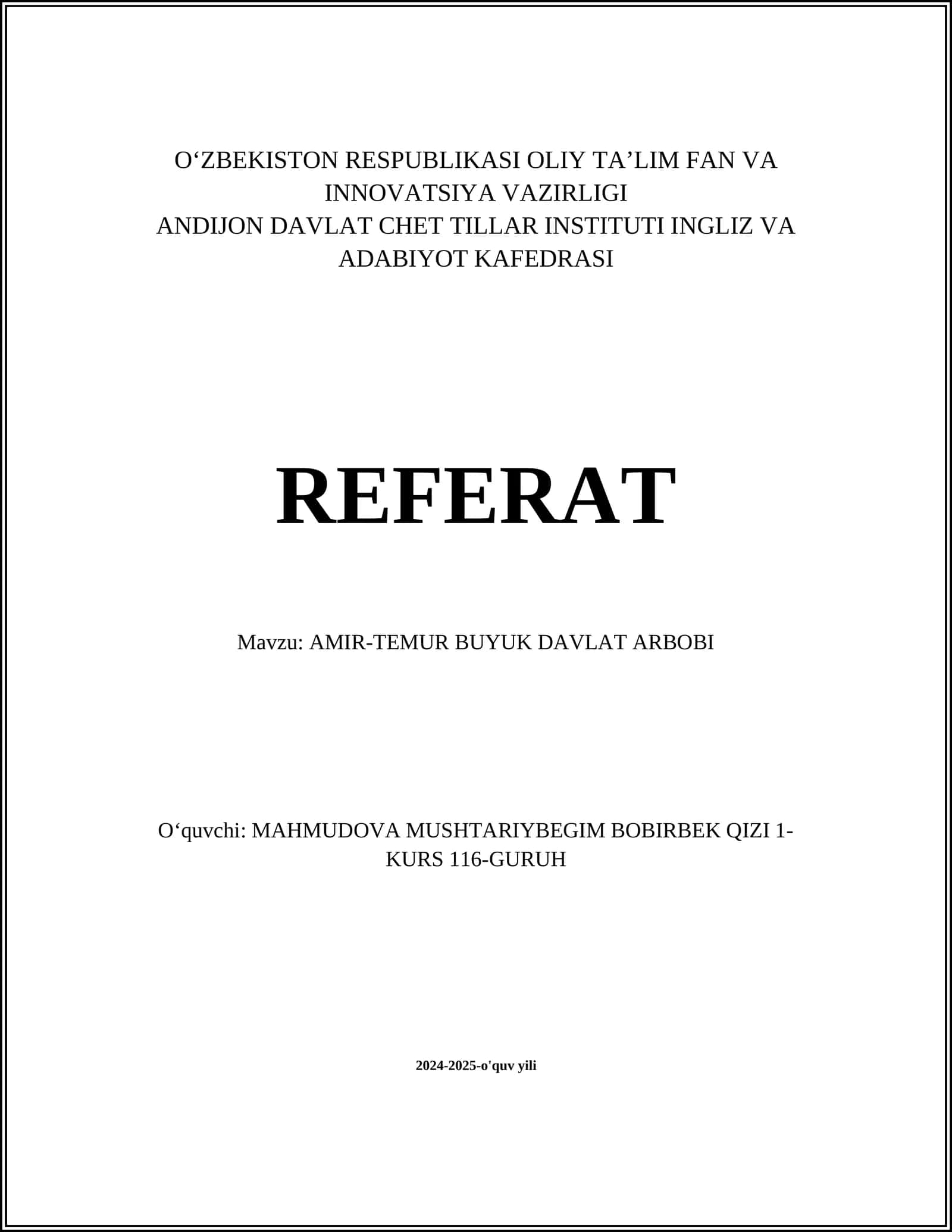 AMIR-TEMUR BUYUK DAVLAT ARBOBI