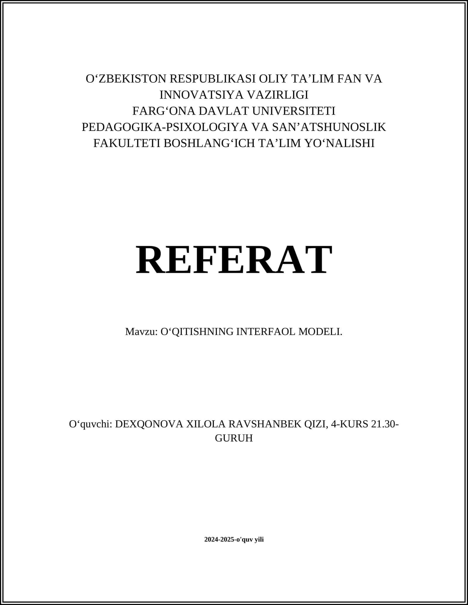 O‘QITISHNING INTERFAOL MODELI