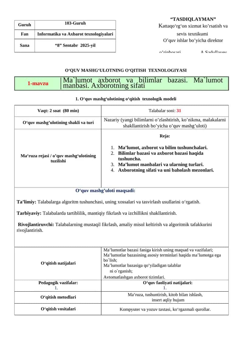 1-mavzu Ma`lumot axborot va bilimlar bazasi. Ma`lumot manbasi. Axborotning sifati