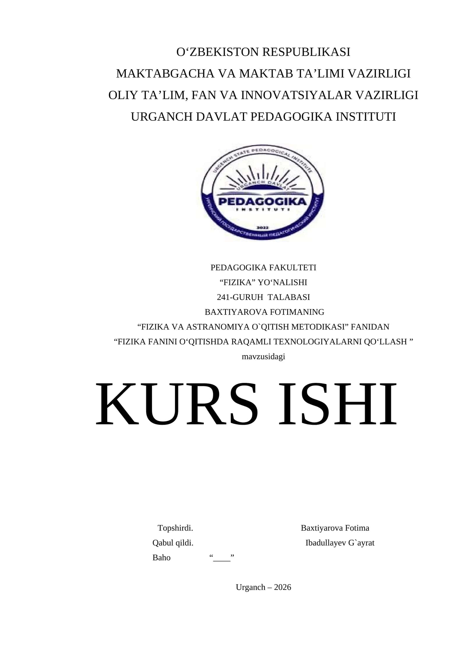 FIZIKA FANINI O‘QITISHDA RAQAMLI TEXNOLOGIYALARNI QO‘LLASH