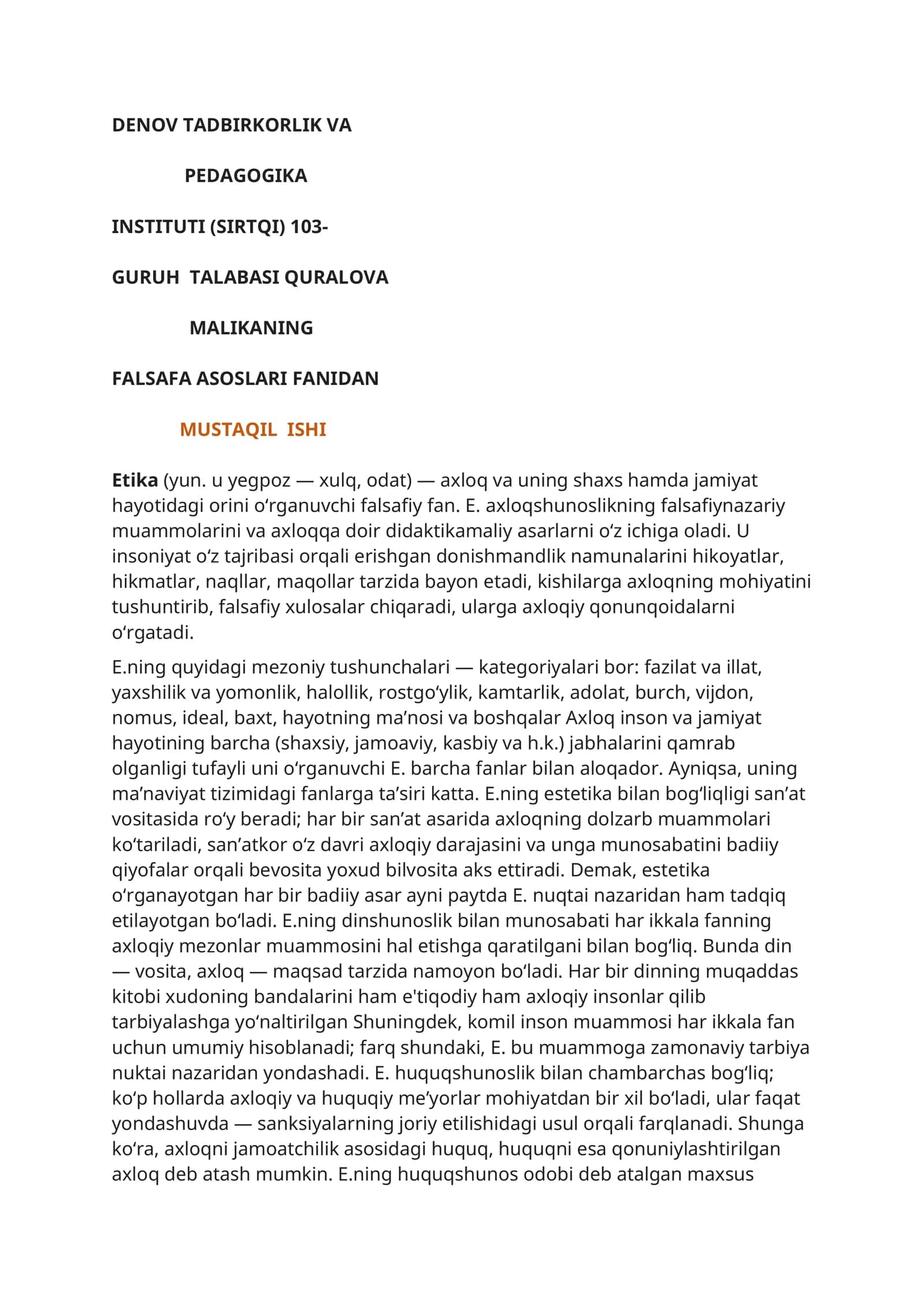 FALSAFA ASOSLARI FANIDAN MUSTAQIL ISHI