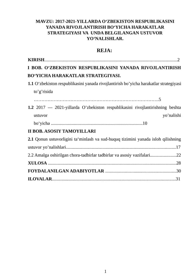 2017-2021-YILLARDA O‘ZBEKISTON RESPUBLIKASINI YANADA RIVOJLANTIRISH BOʻYICHA HARAKATLAR STRATEGIYASI VA UNDA BELGILANGAN USTUVOR YOʻNALISHLAR