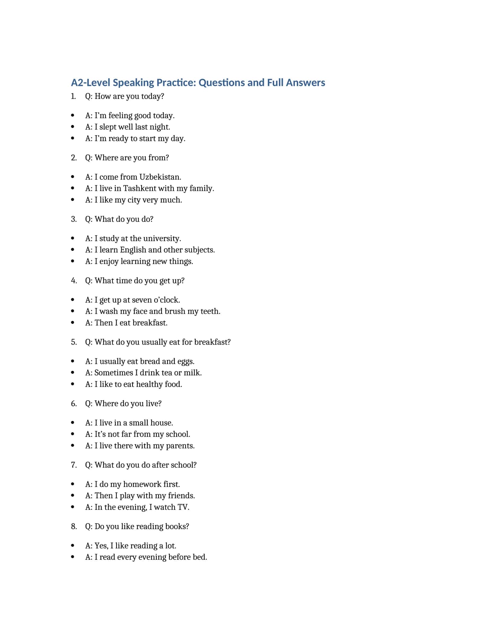 A2-Level Speaking Practice: Questions and Full Answers