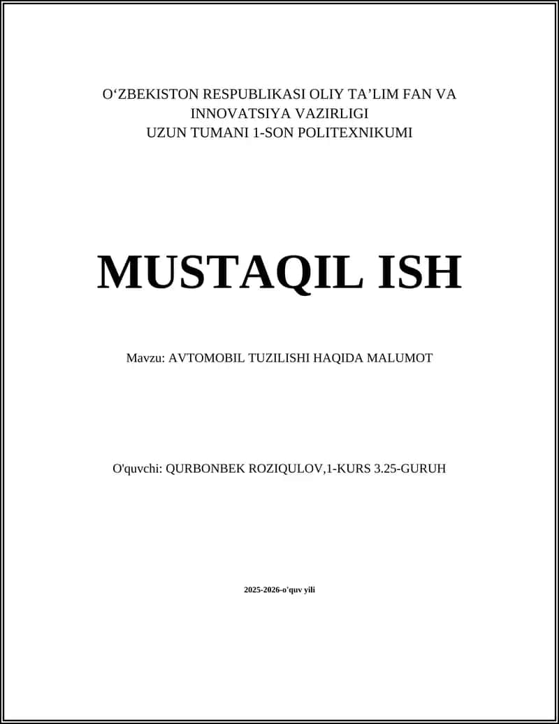 AVTOMOBIL TUZILISHI HAQIDA MALUMOT