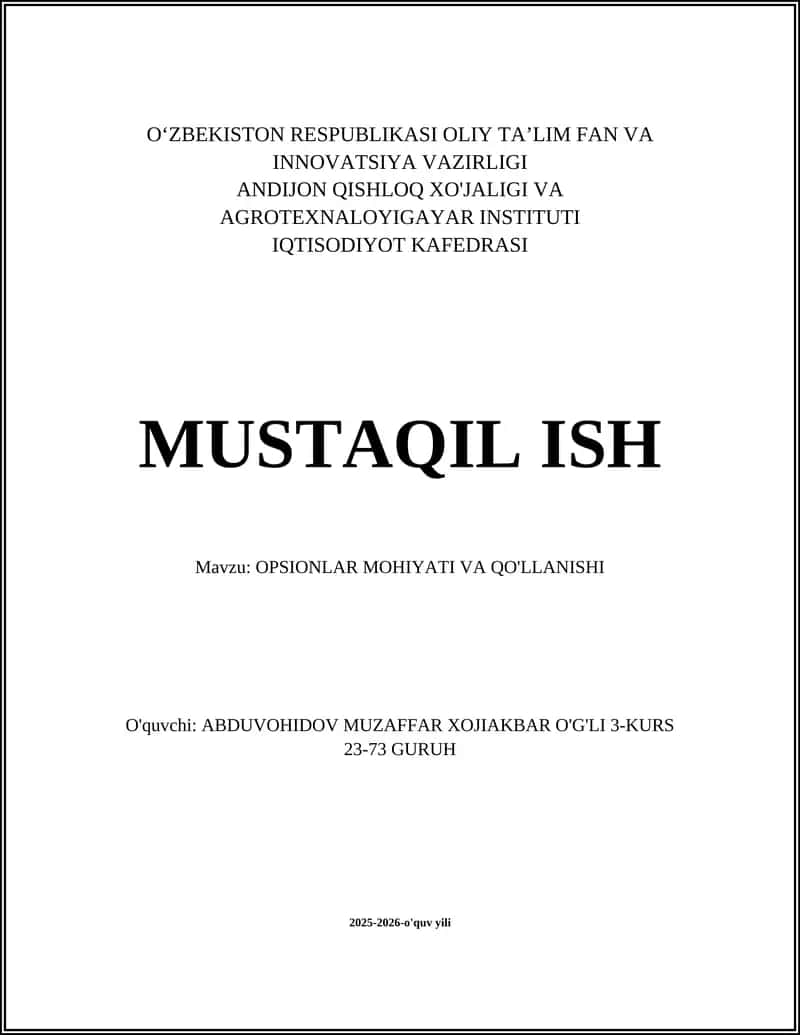 Opsionlar: Asosiy Tushuncha va Ta’rif