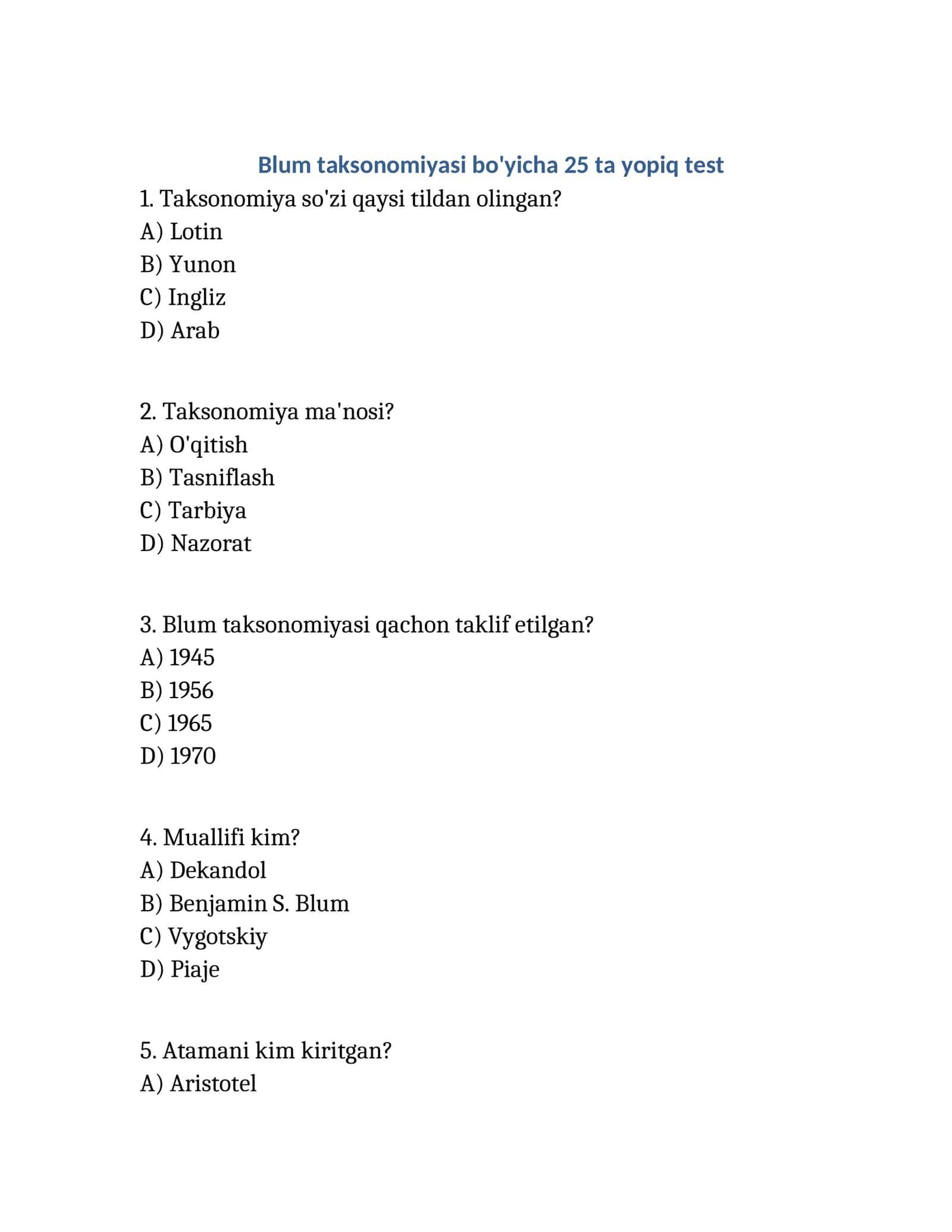 Blum taksonomiyasi bo'yicha test