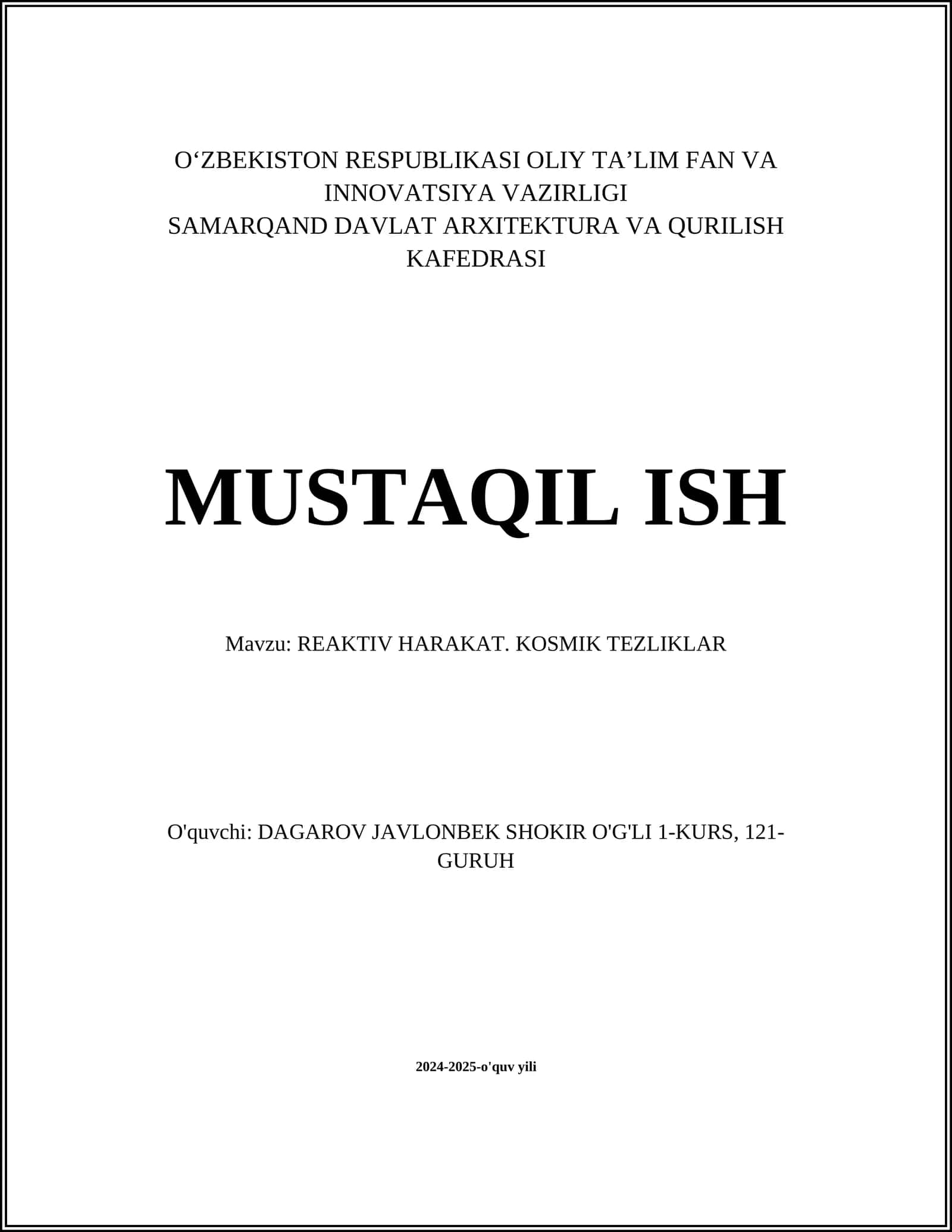 REAKTIV HARAKAT. KOSMIK TEZLIKLAR