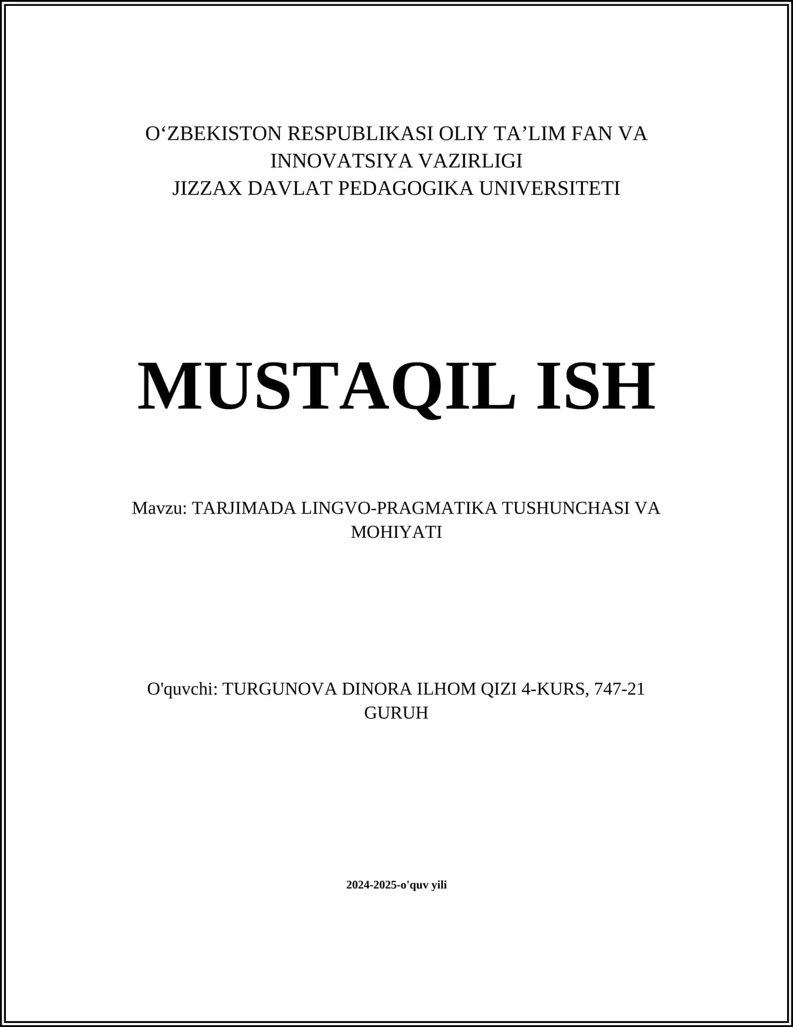TARJIMADA LINGVO-PRAGMATIKA TUSHUNCHASI VA MOHIYATI