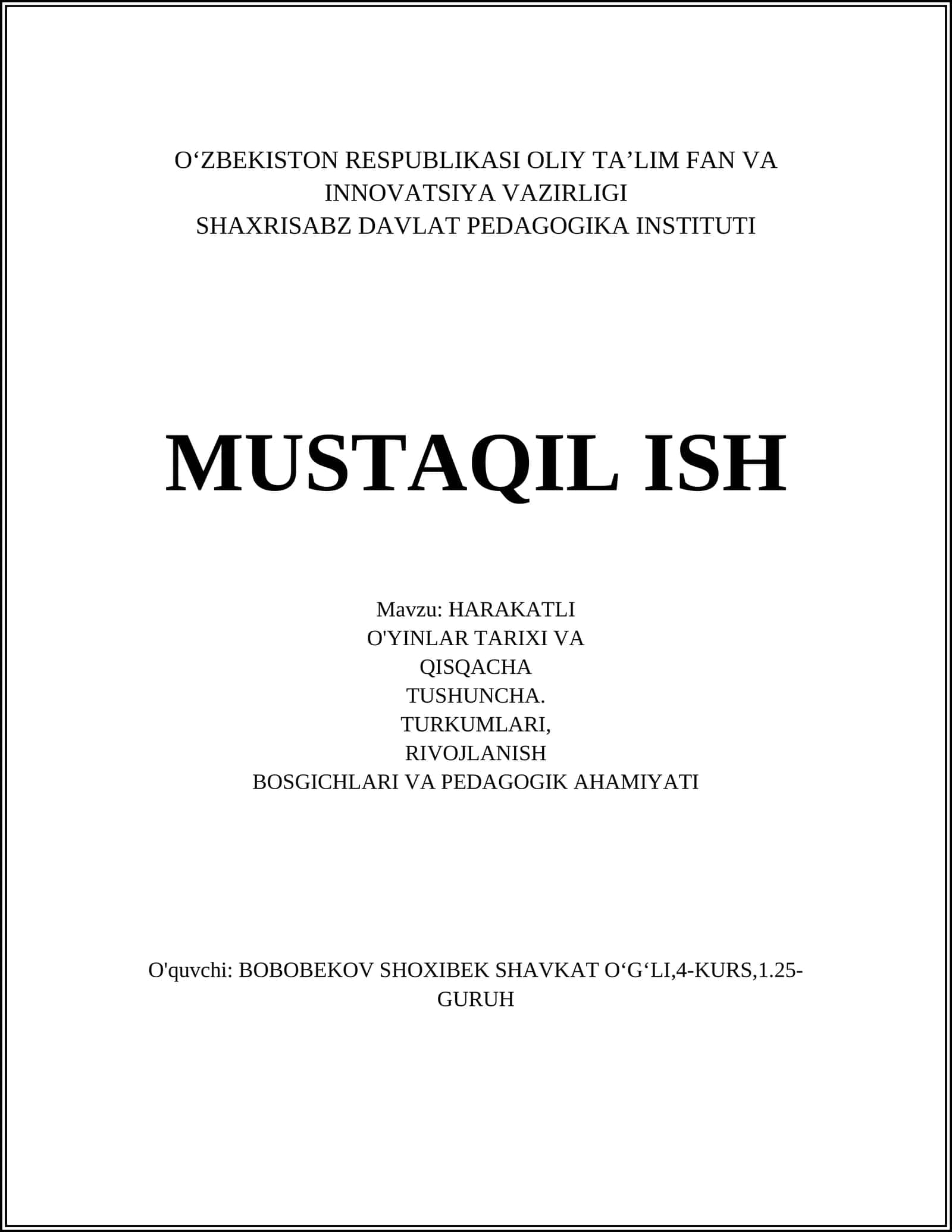 HARAKATLI O'YINLAR TARIXI VA QISQACHA TUSHUNCHA