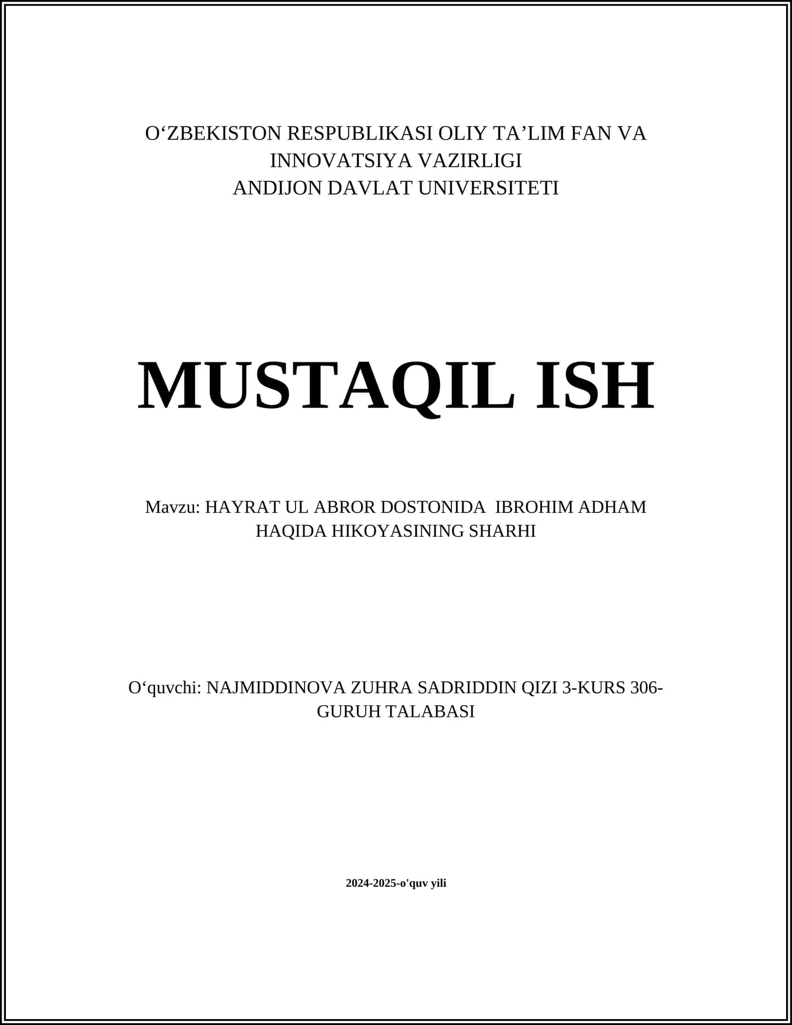 HAYRAT UL ABROR DOSTONIDA IBROHIM ADHAM HAQIDA HIKOYASINING SHARHI