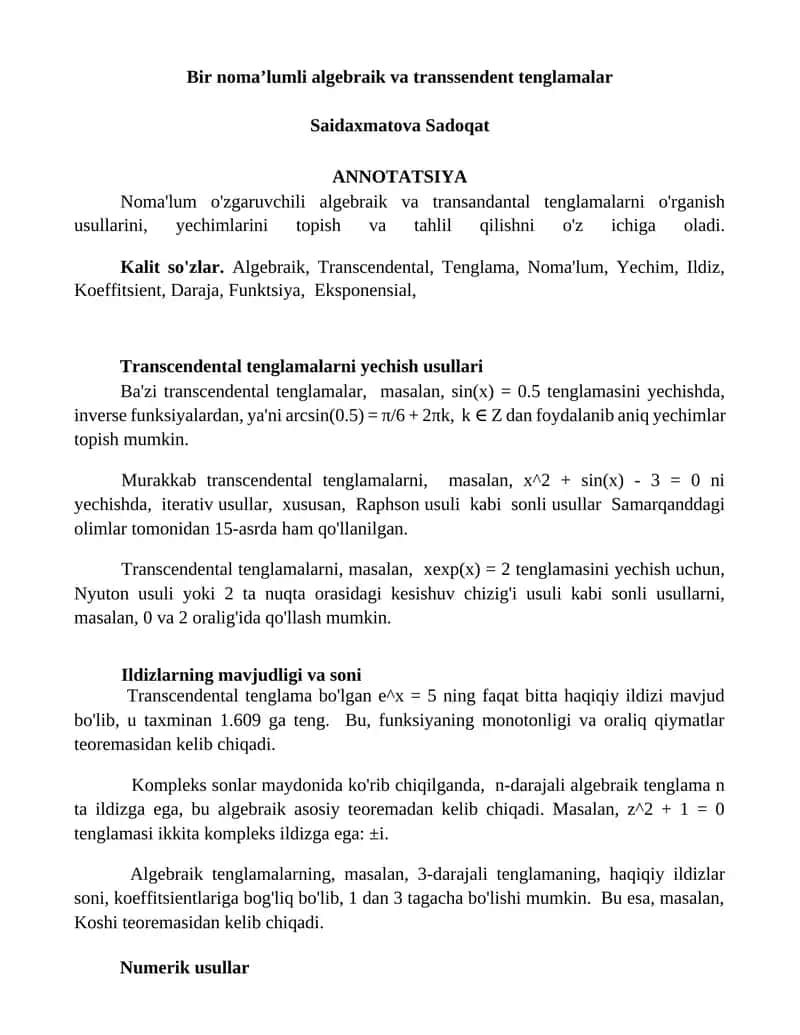 Noma'lum algebraik va transsendent tenglamalar