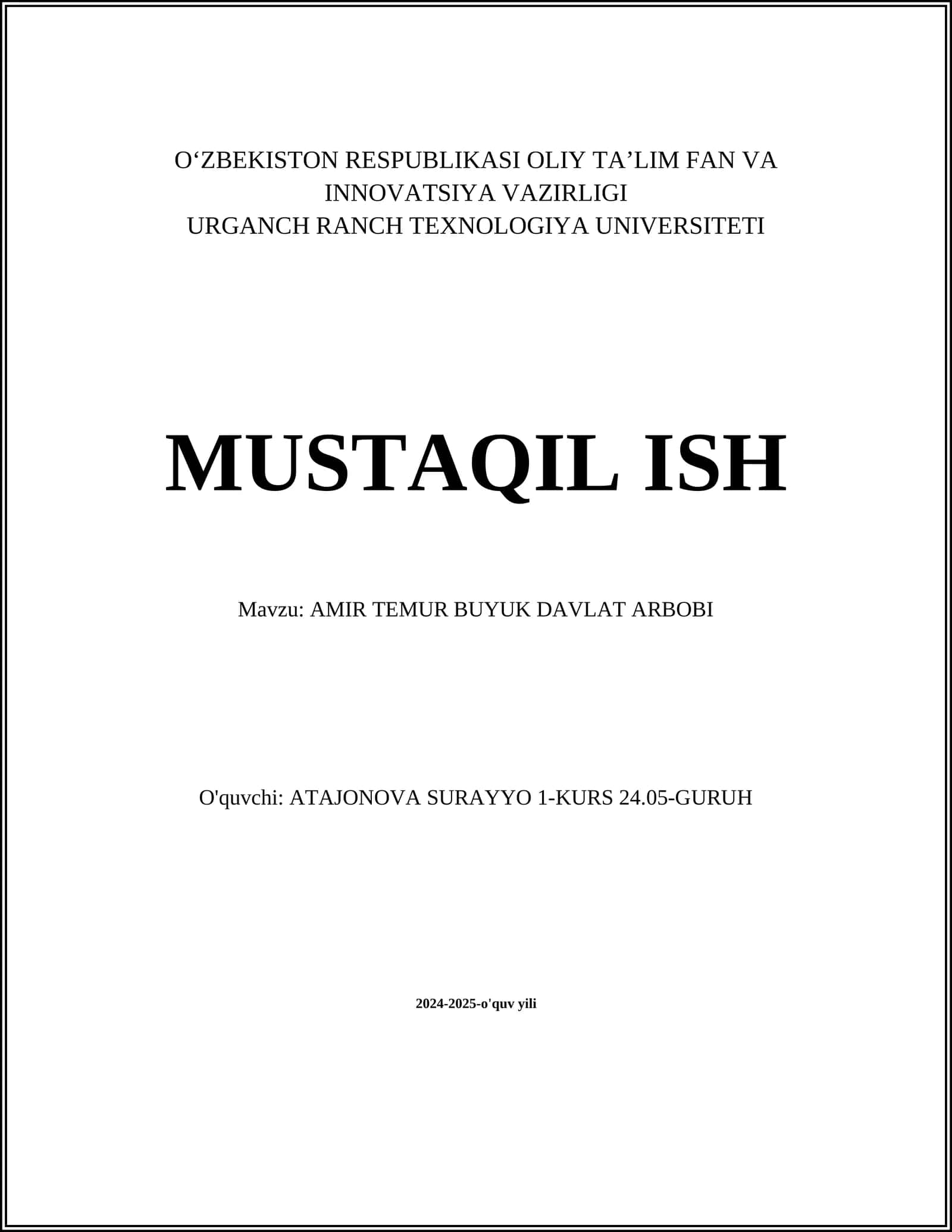 AMIR TEMUR BUYUK DAVLAT ARBOBI