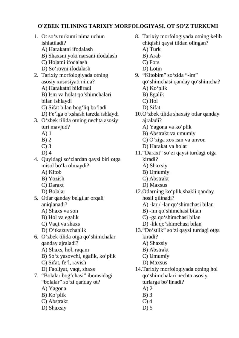 O'ZBEK TILINING TARIXIY MORFOLOGIYASI. OT SO'Z TURKUMI